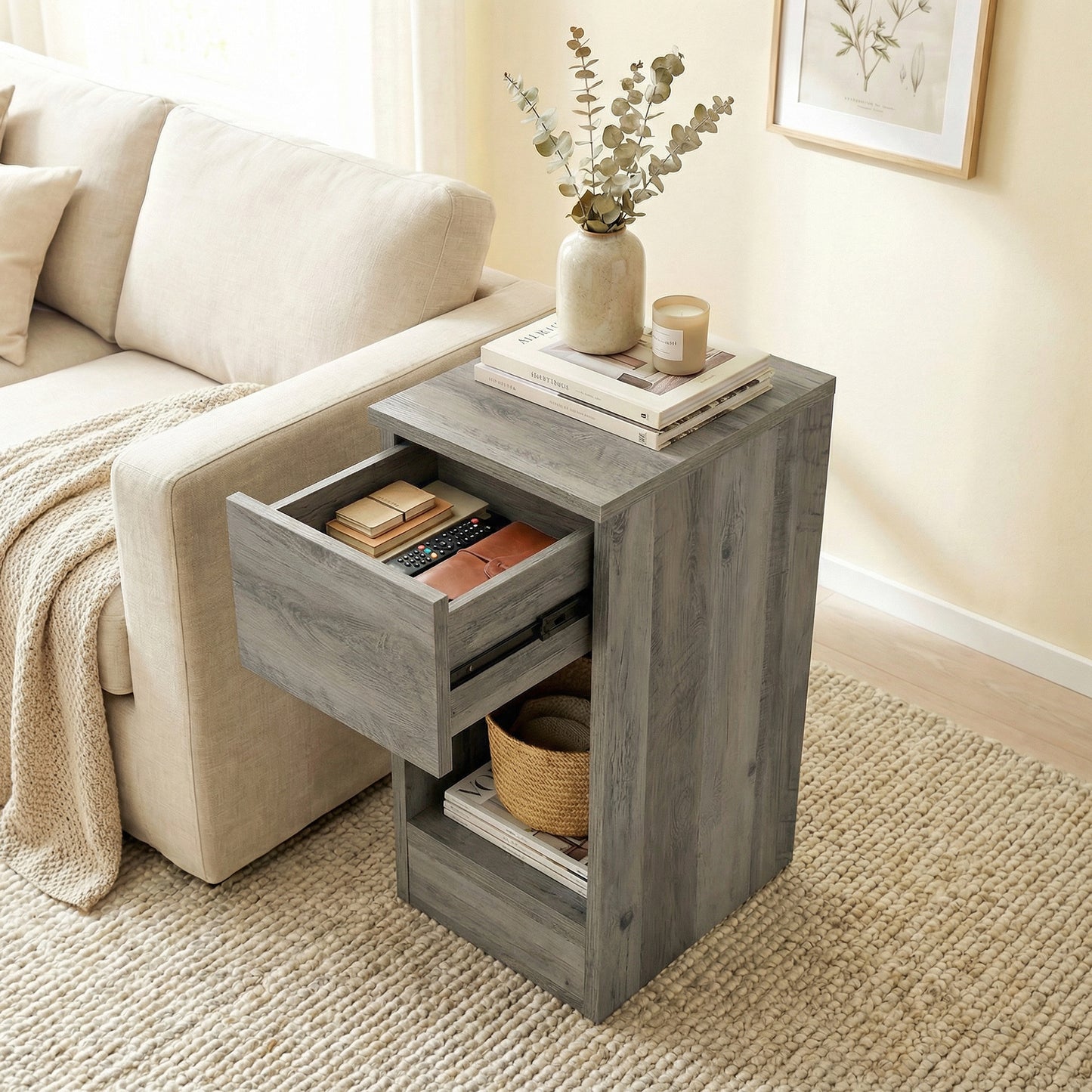 Bedside Tables Set of 2, Nightstands for Bedroom, Living Room, Grey