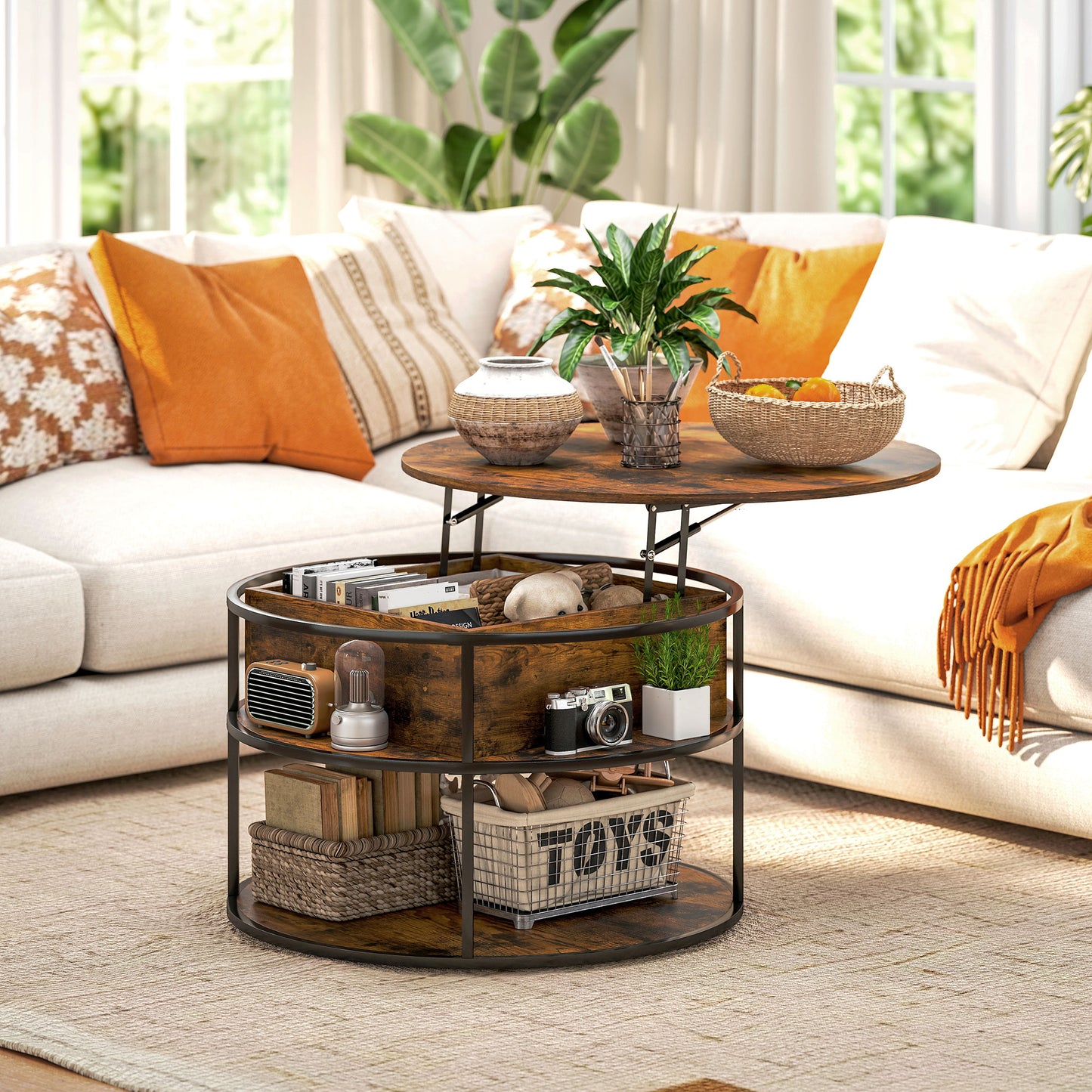 Lift Top Coffee Table, Round Coffee Table with Hidden Storage, Brown