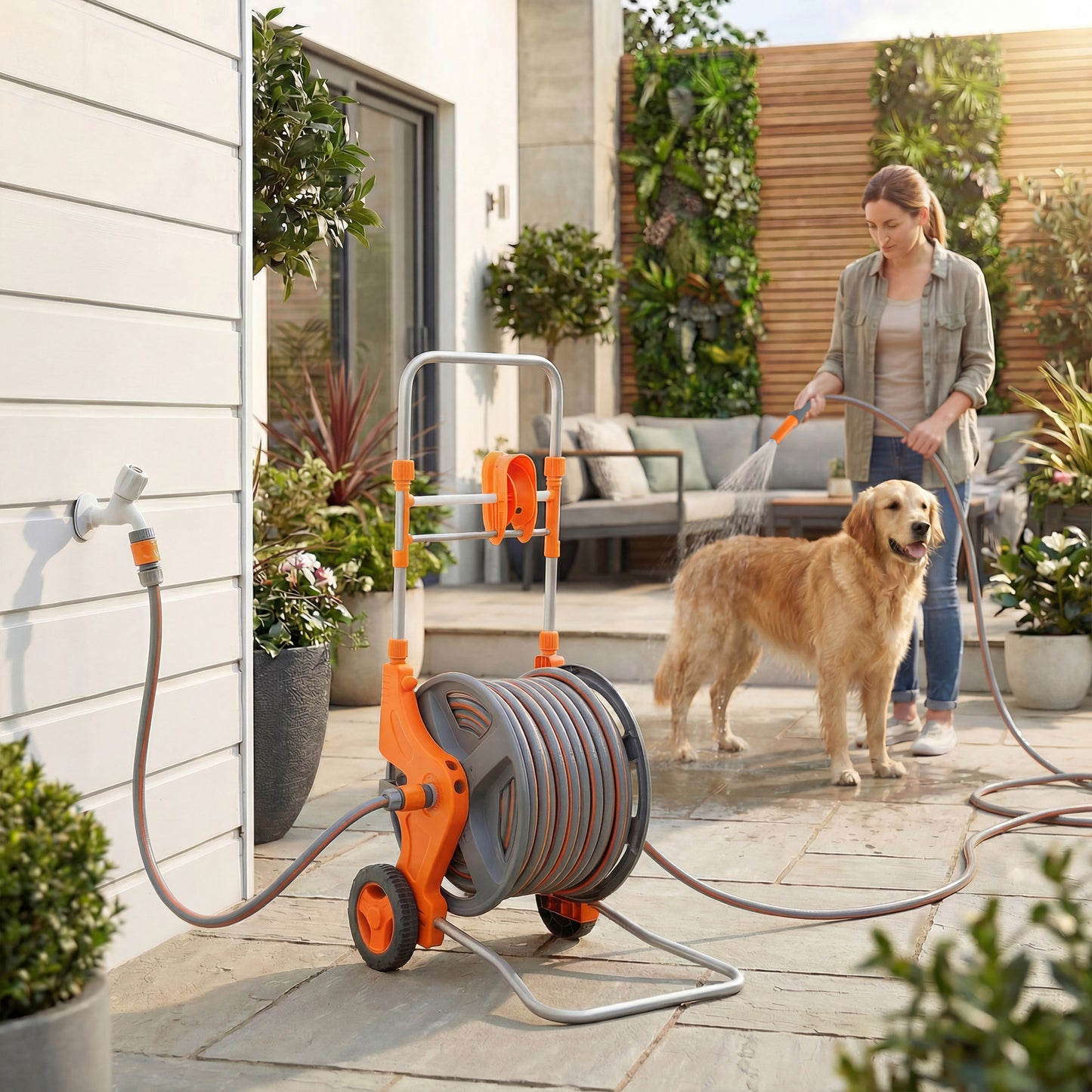 Hose Reel Cart with Wheels, 45+2m Garden Hose Reel, Orange