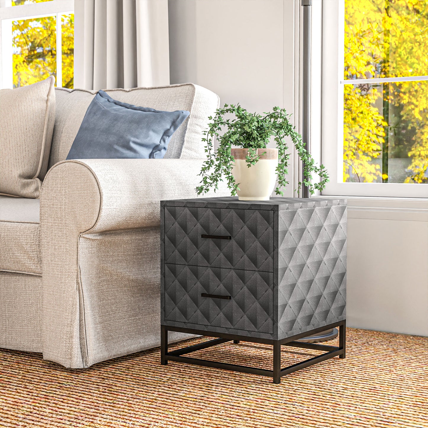 Bedside Table Set of 2, Nightstand with 2 Drawers, Steel Legs, Grey