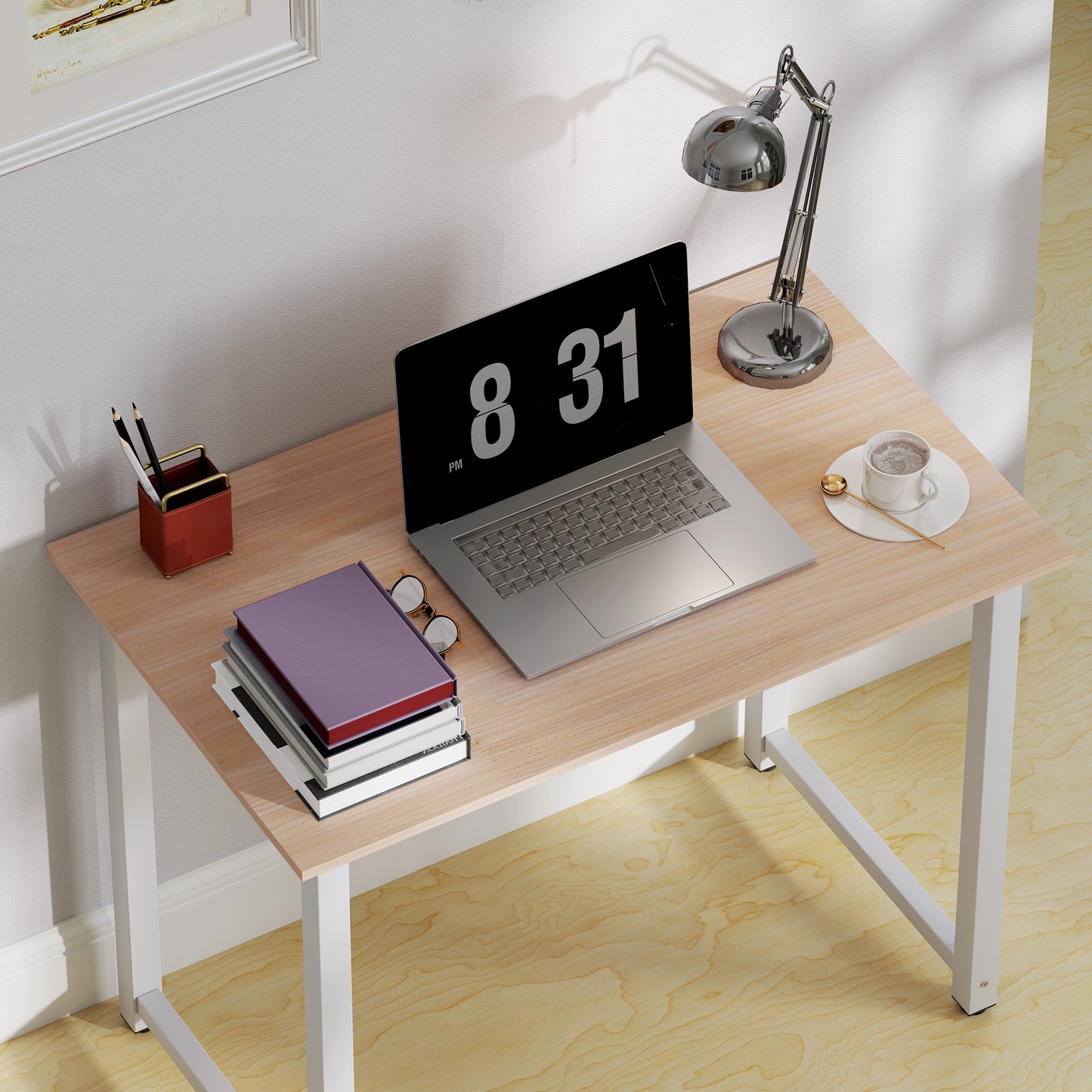 Computer Desk Dining Table Writing Table with Metal Frame, White