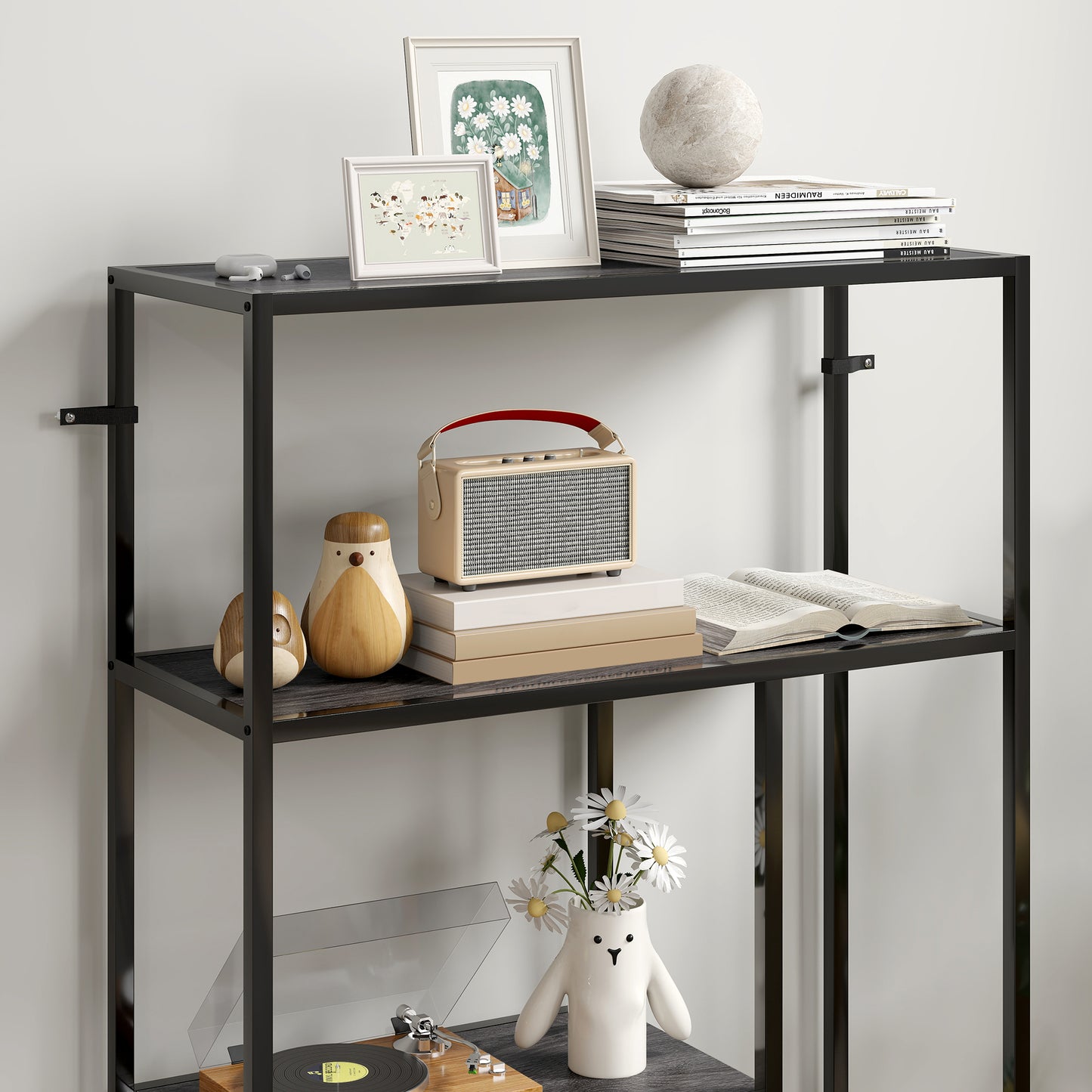 Industrial Bookshelf Bookcase w/ Open Shelves for Study Charcoal Grey
