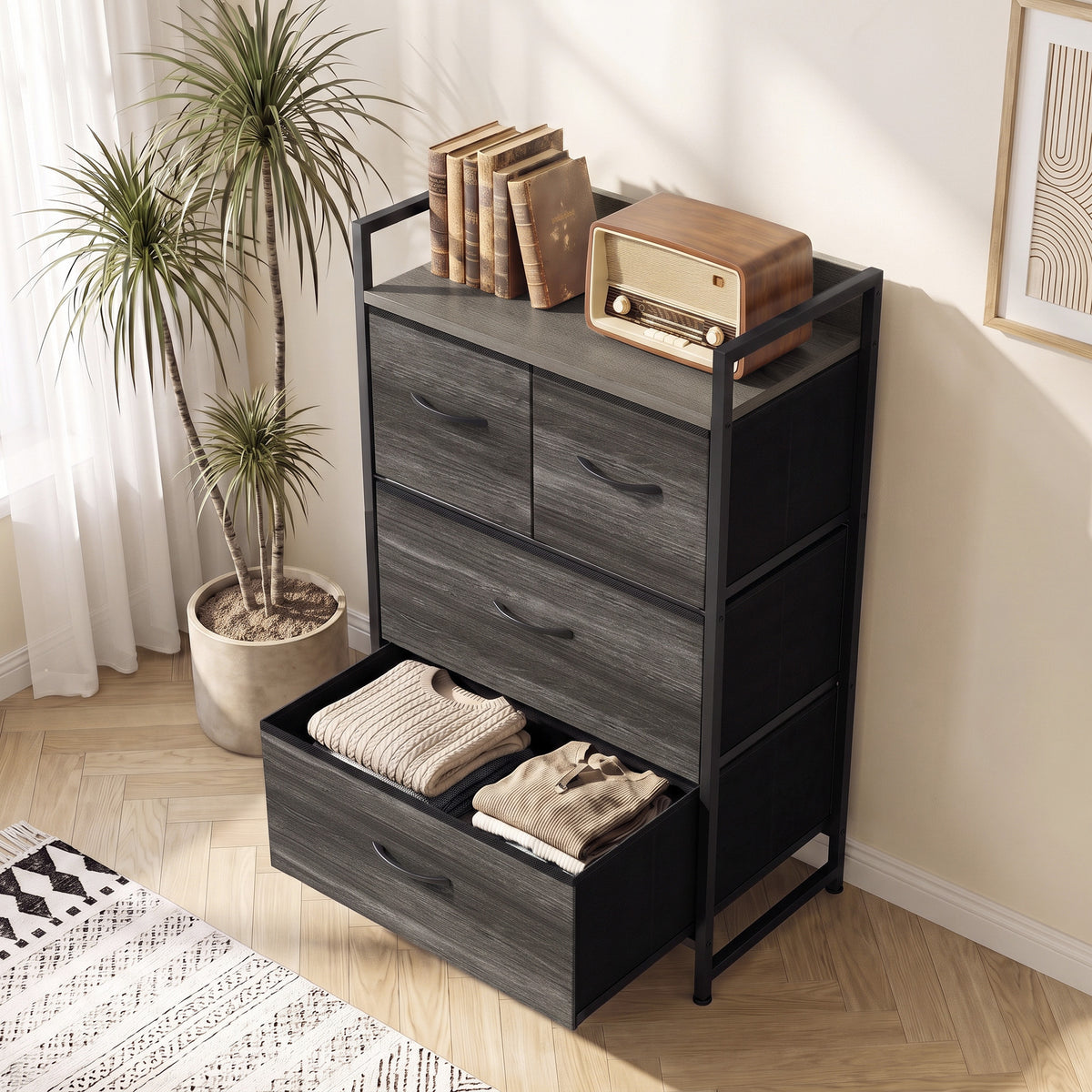 4-Drawer Fabric Chest with Top Shelf and Steel Frame - Grey & Black