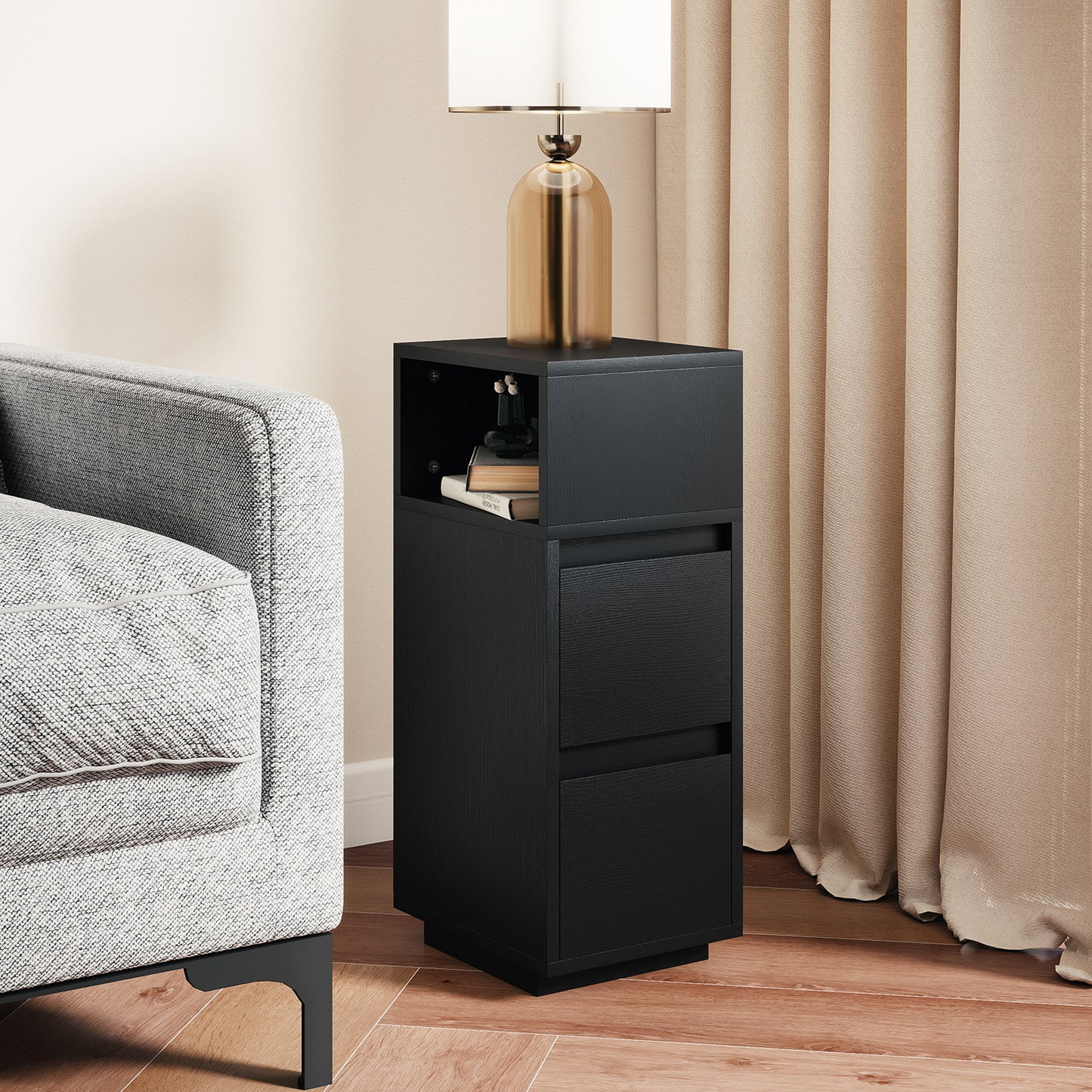 Slim Bedside Table, Bedside Cabinet with Open Shelf and 2 Drawers