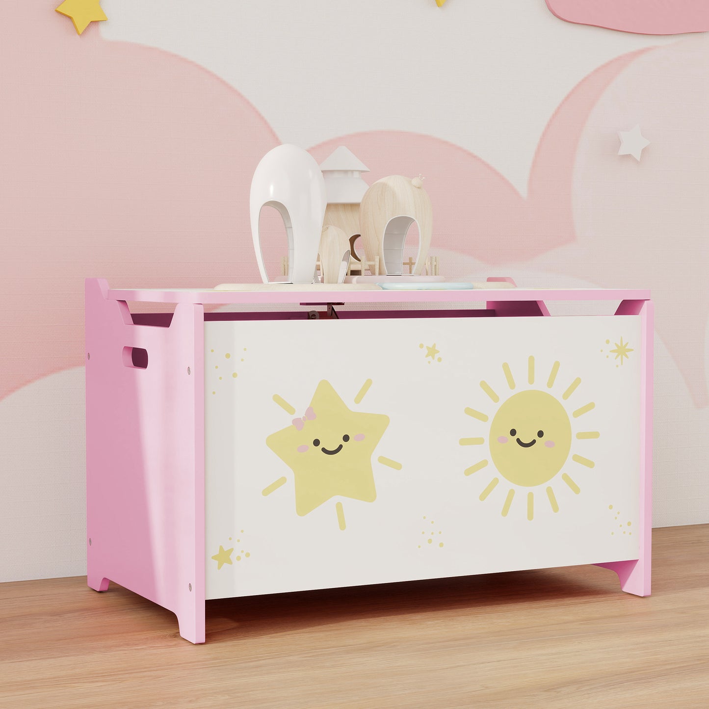 Toy Box with Lid, Safety Hinges for Kids, Nursery, Bedroom, Pink
