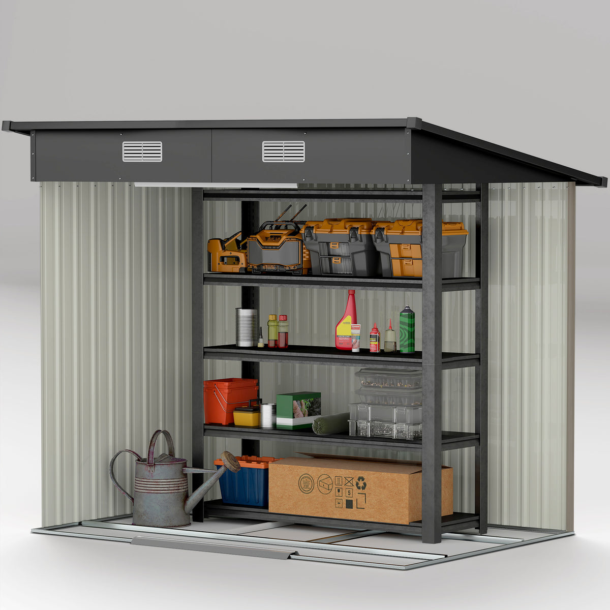 6.8 × 4.3ft Metal Garden Shed with Sliding Door, Vents and Foundation - Grey Wood Grain