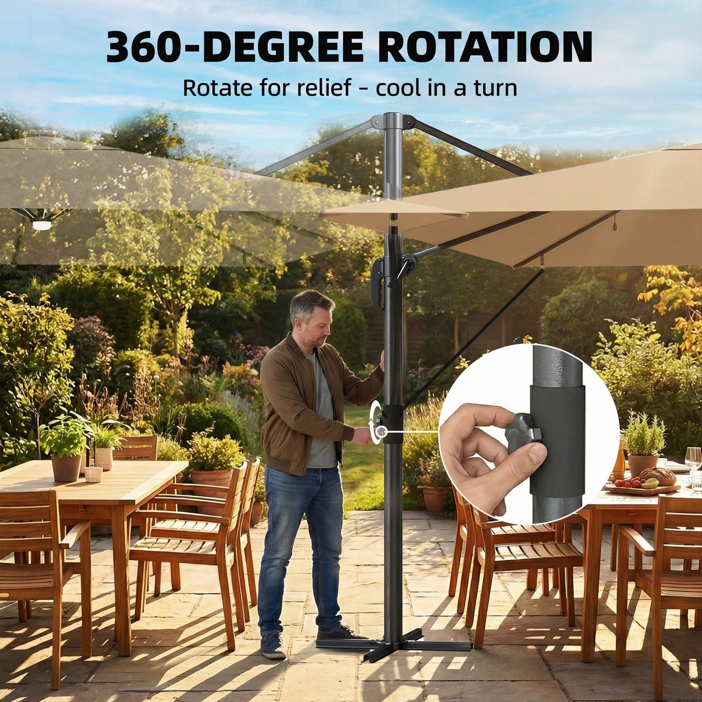 3 x 3 m Garden Cantilever Parasol w/ Light, Cover, Wind Protection