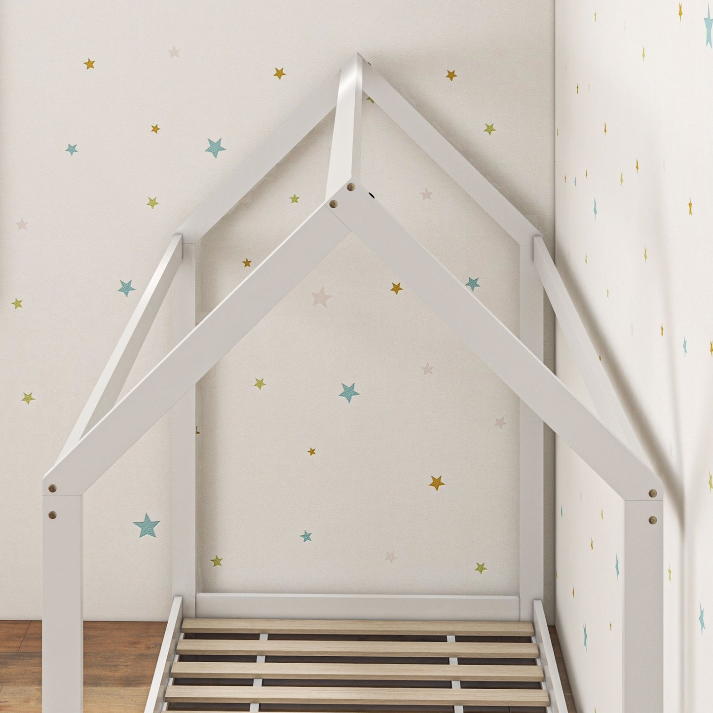Single Bed Frame, House Scandinavian Style Wooden Bed Frame - Pine Wood Bed Base, White
