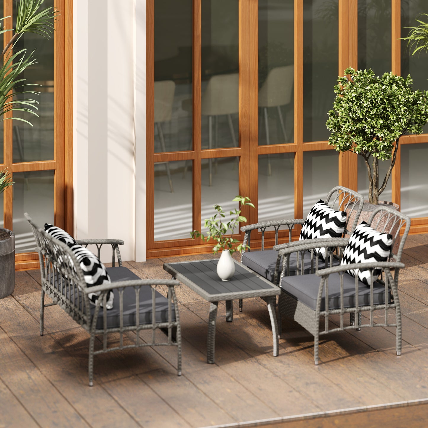 4 Piece Rattan Garden Furniture Set with Adjustable Back, Grey
