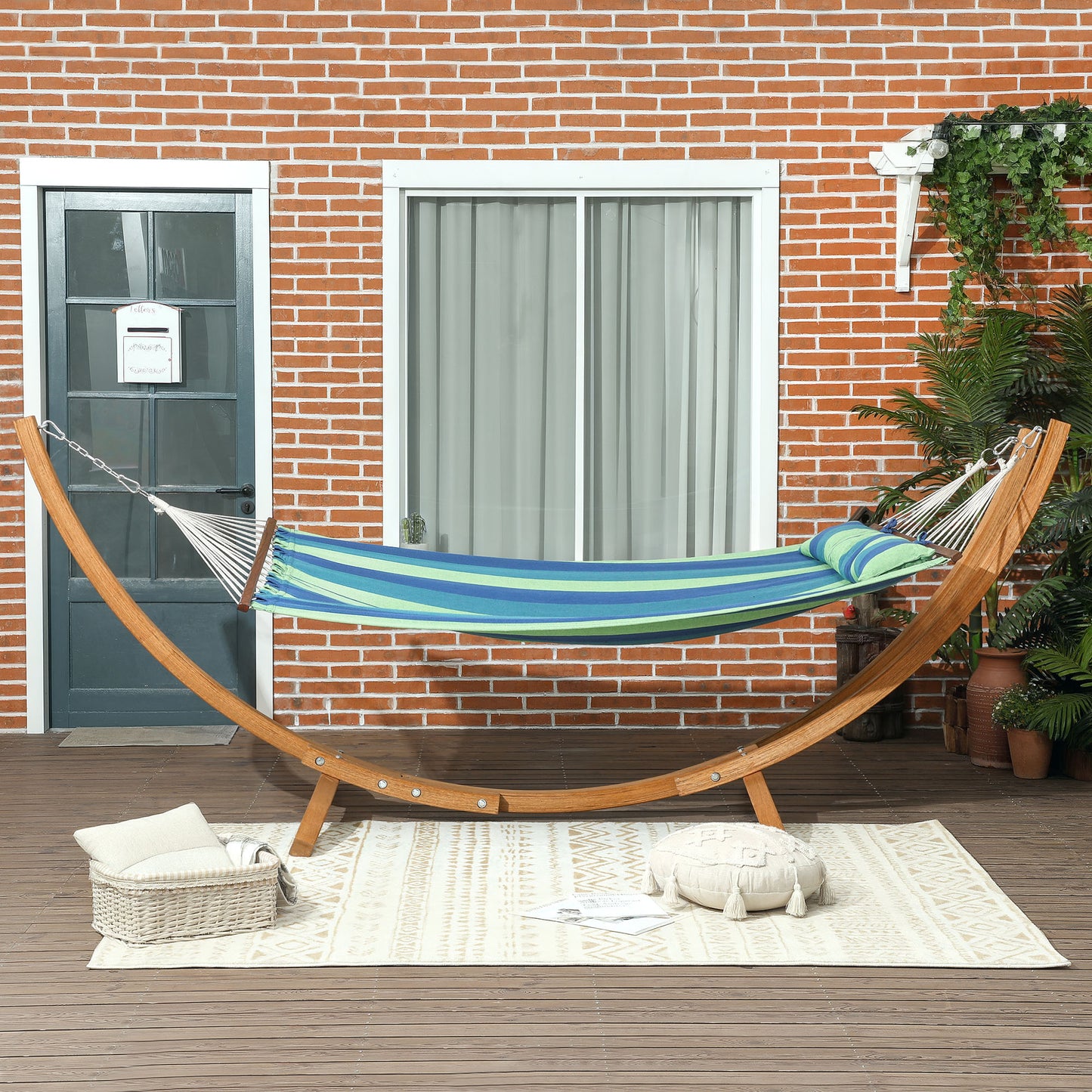 Hammock with Stand, Triple-Head Wood Hammock with Cotton Bed, Blue