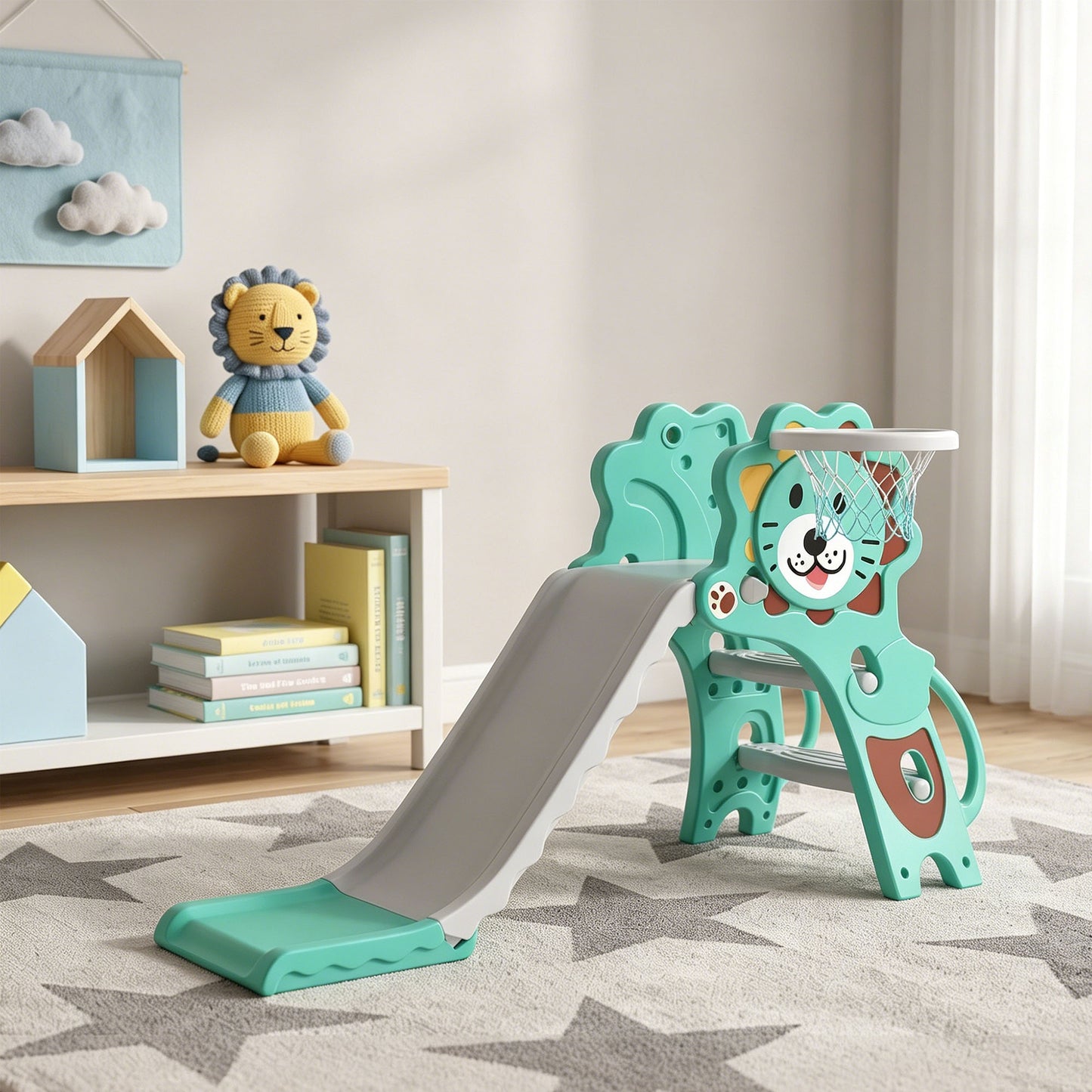 3 in 1 Kids Slide for Indoor with Basketball Hoop - Blue