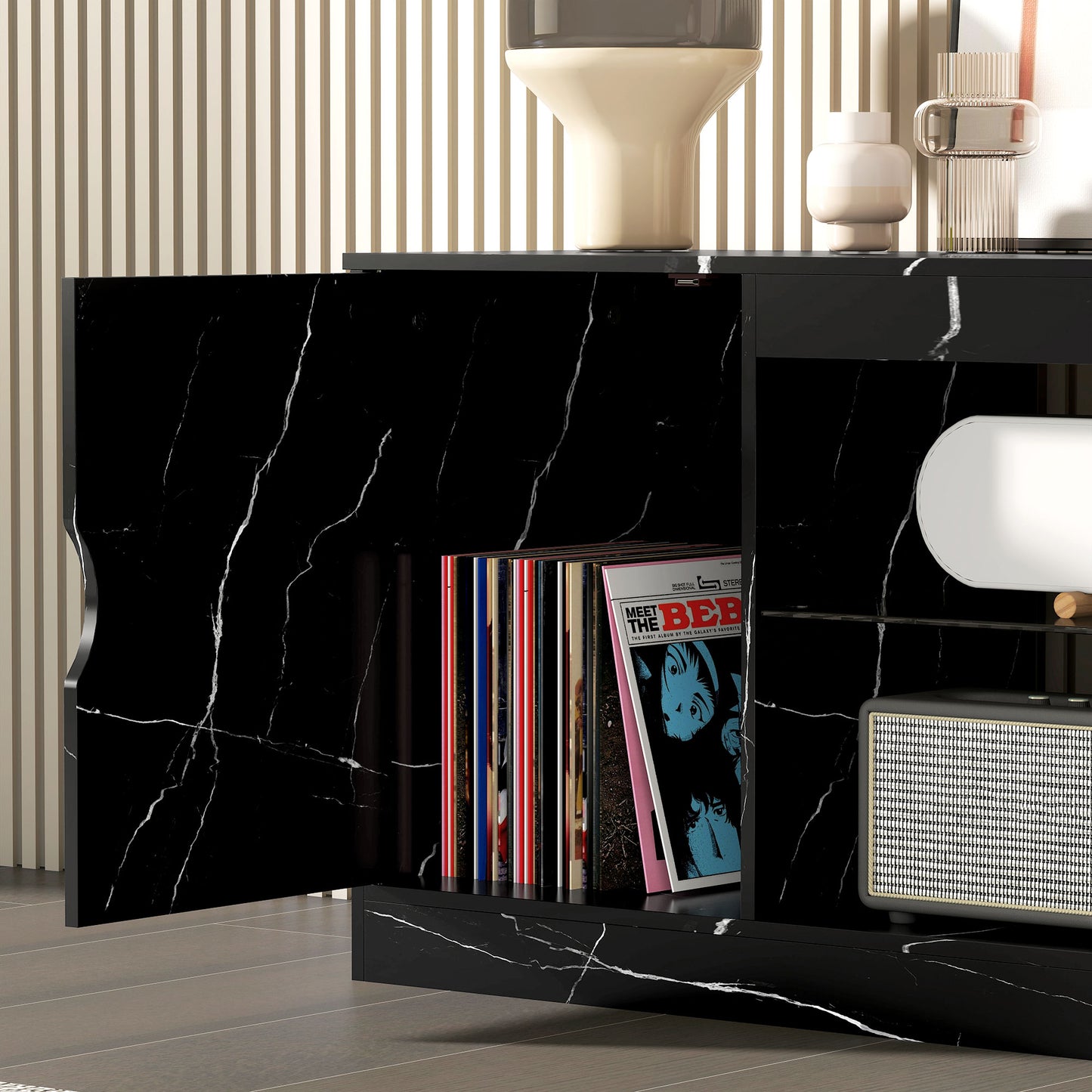 Marble Effect TV Stand Cabinet with Glass Shelf for 55 Inch TVs
