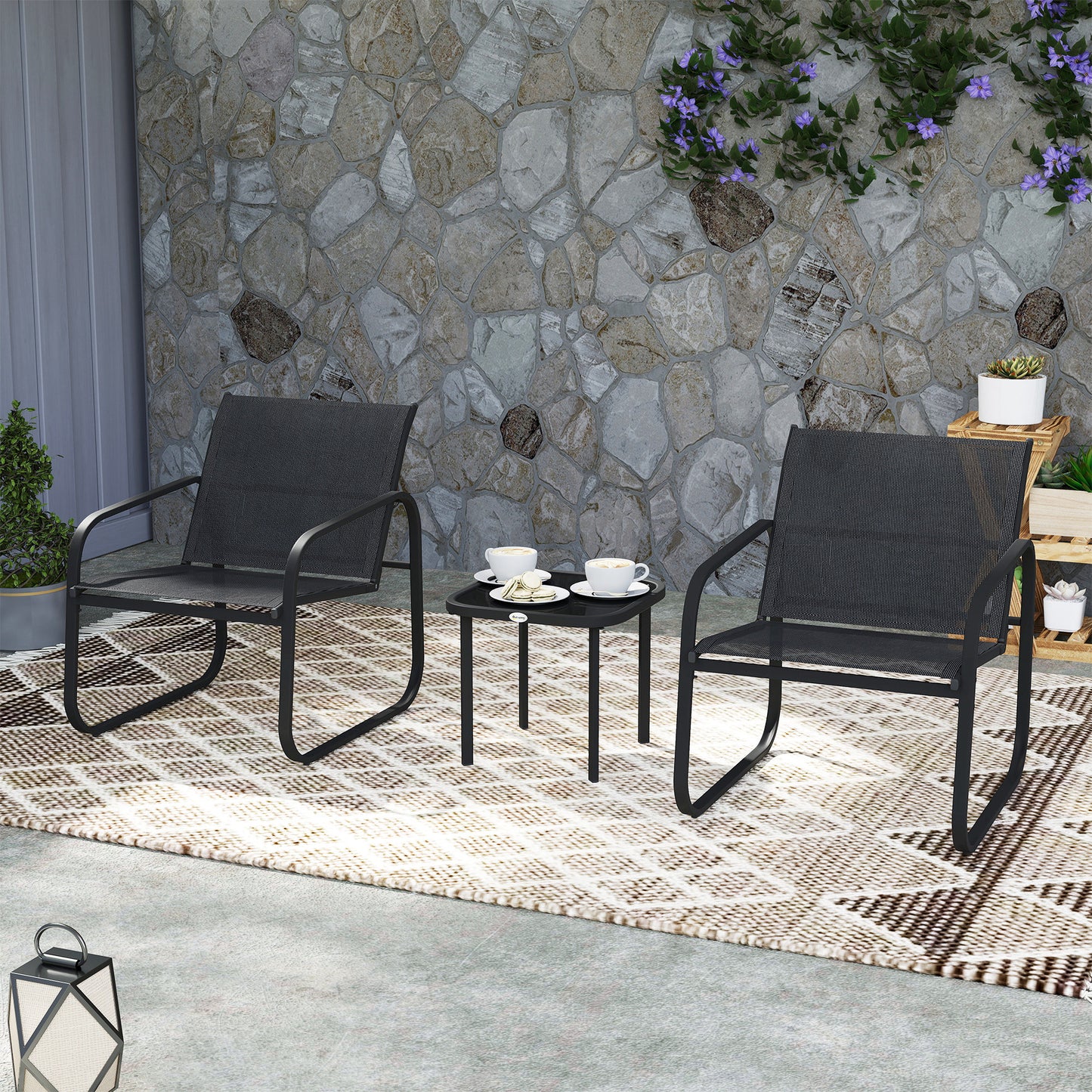 Garden Bistro Set, Metal Garden Furniture Set with Mesh Chairs