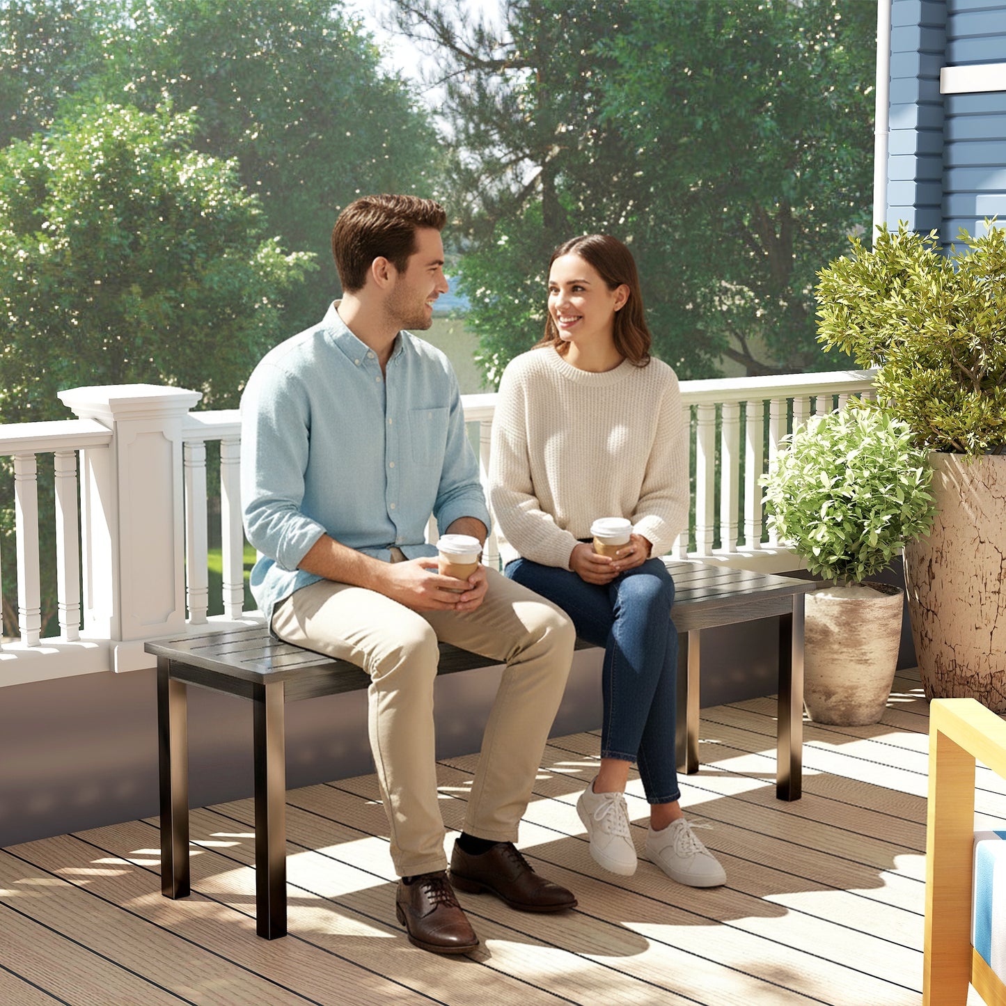 Metal Garden Bench Loveseat with Wood-Effect Slatted Seat, Grey