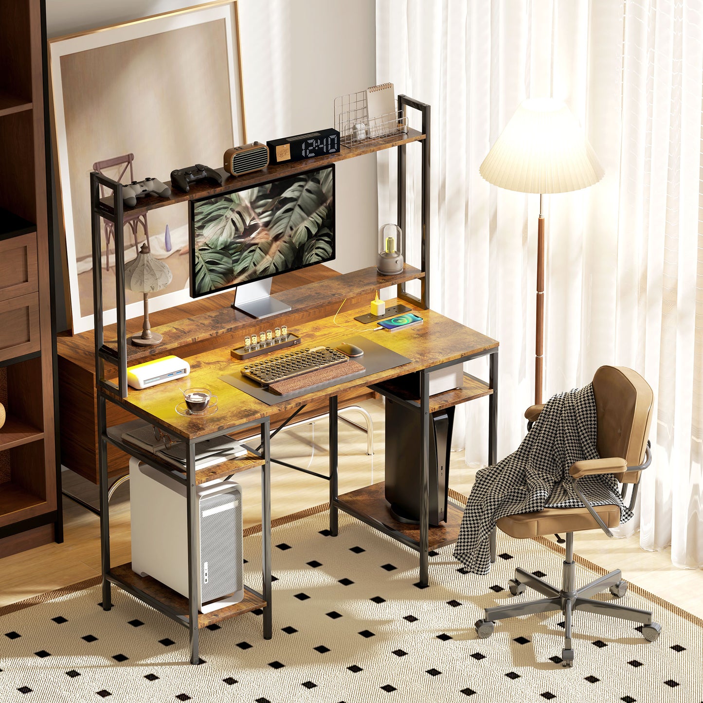 Computer Desk Home Office Desk with Monitor Stand, Rustic Brown