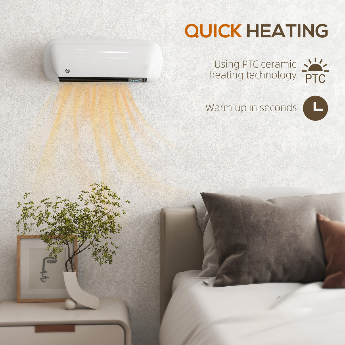 1000/2000W Wall-Mounted Ceramic Heater with Weekly Timer, Remote Control and Oscillation - White