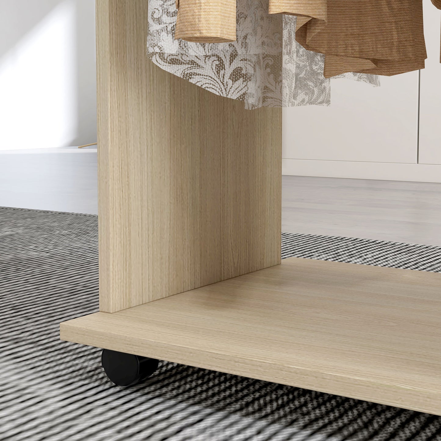 Mobile Double Open Wardrobe w/ Clothes Hanging Rail Colthing Natural