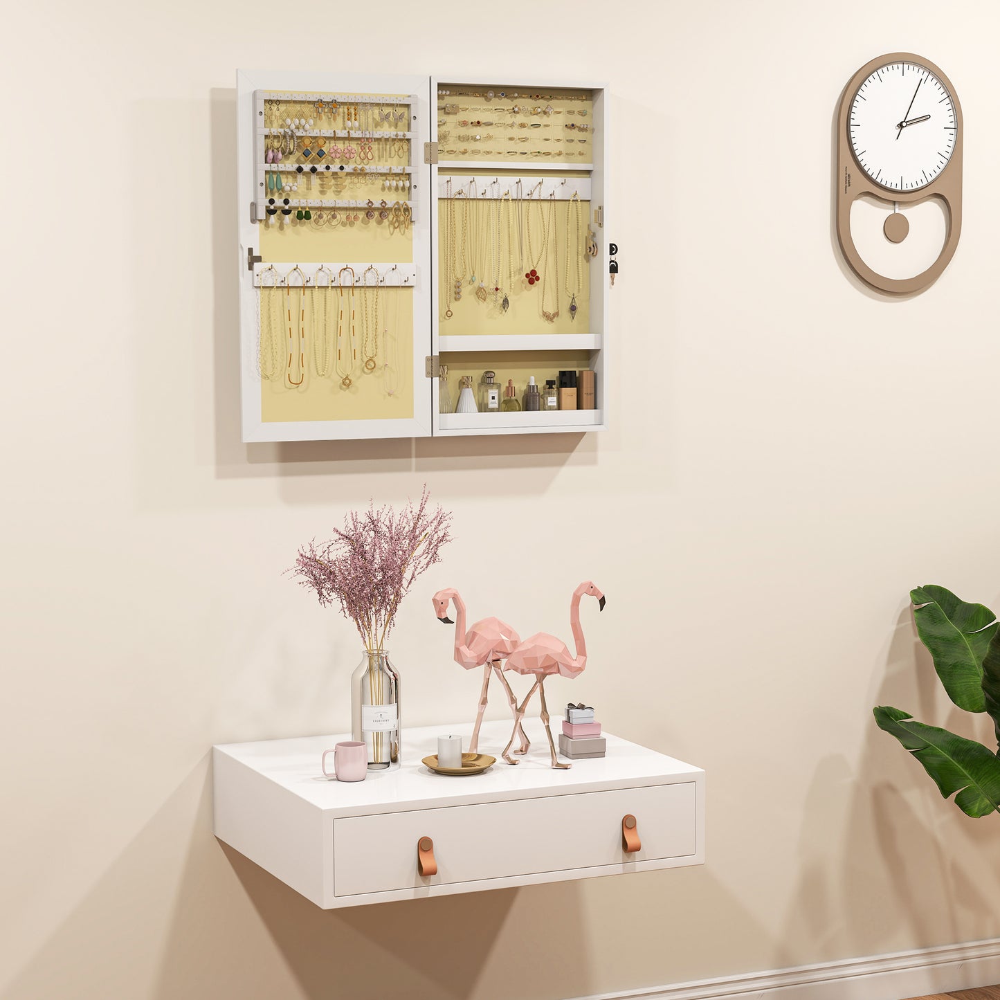 Jewelry Cabinet, Wall-Mounted Jewelry Storage Cabinet with Mirror, White