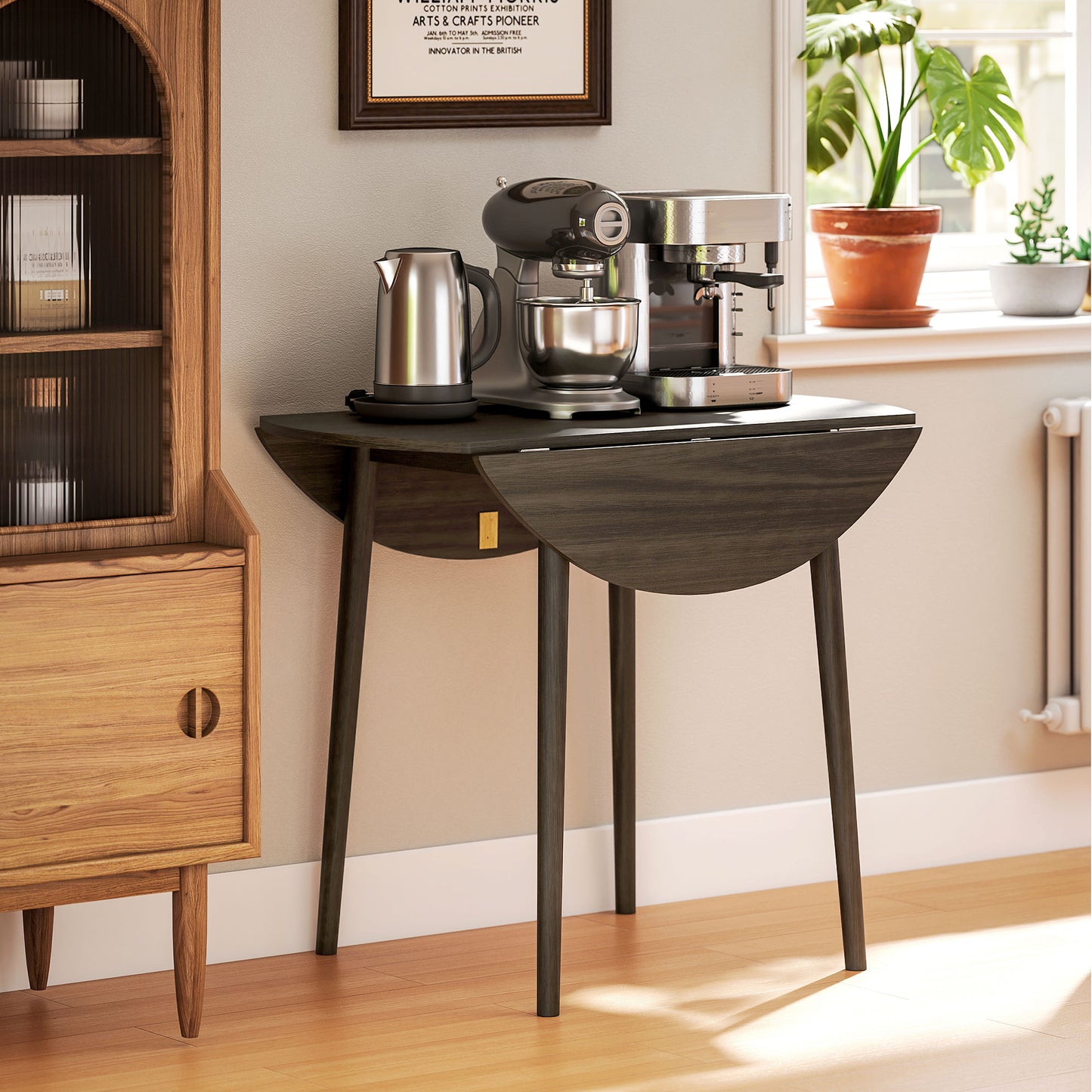 Foldable Dining Table, Round Drop Leaf Table, Wood Legs, Grey