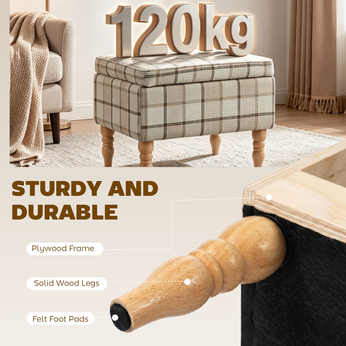 24L Linen-Look Storage Ottoman with Reversible Tray Lid - Brown Plaid & Natural Wood