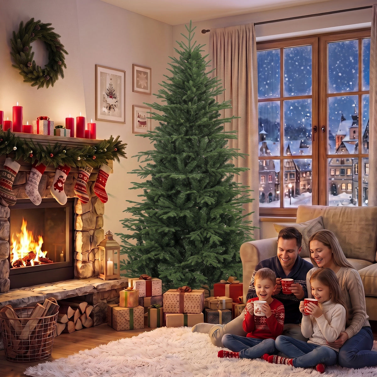 7 Ft Artificial Christmas Tree with Metal Base, Hinged Branches