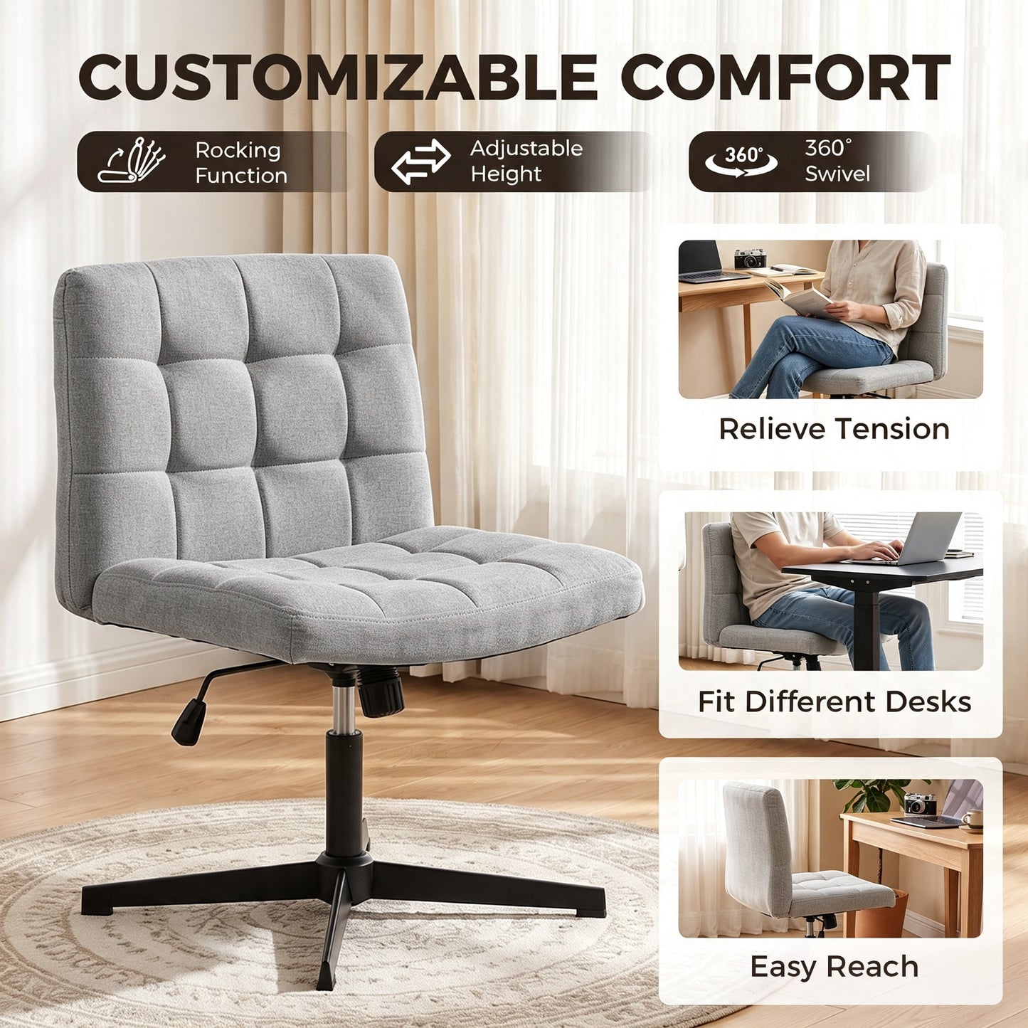 Armless Office Chair, Cross Legged Vanity Chair with Wide Seat, Grey