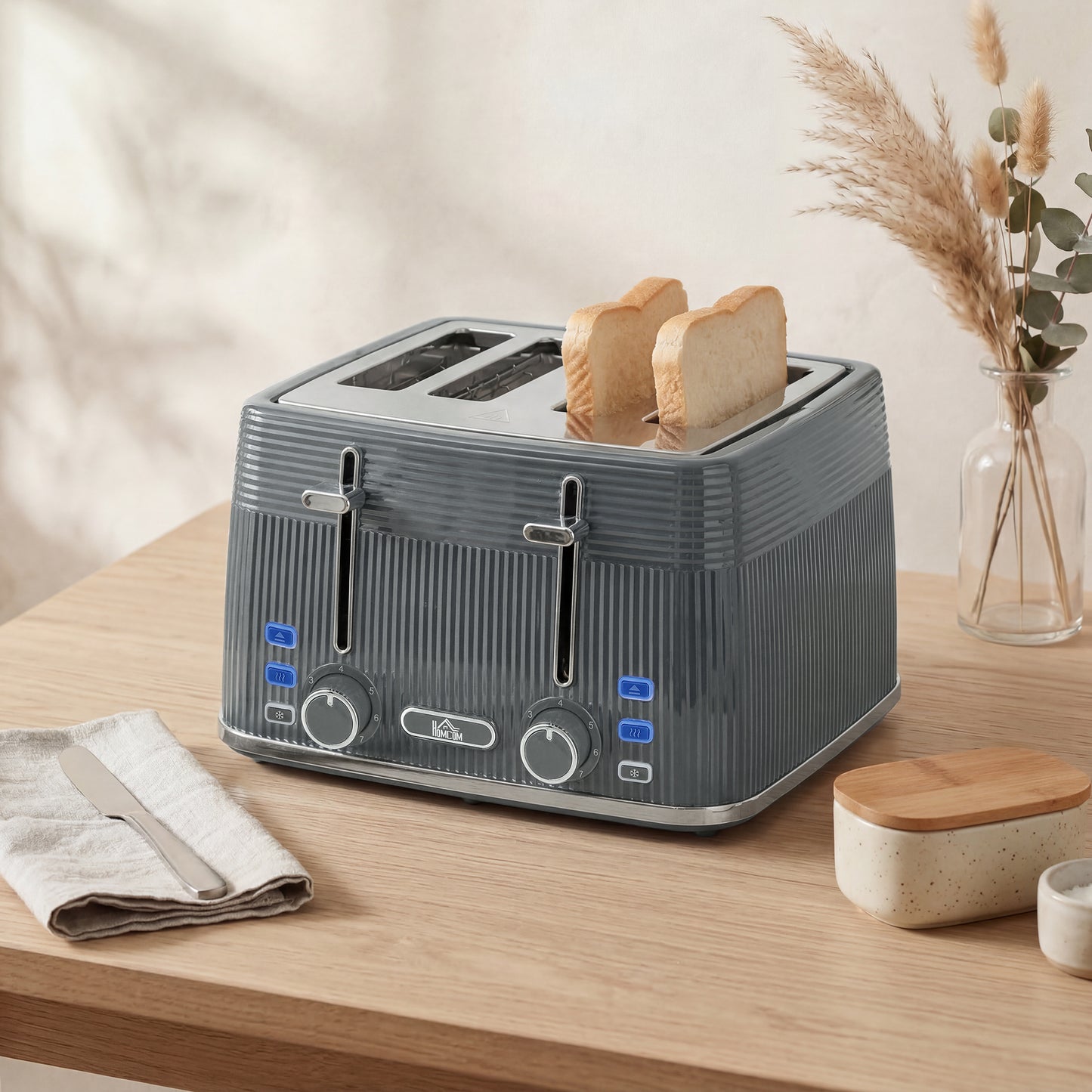 4 Slice Electric Toaster with 7 Browning Levels, 1860W, Grey