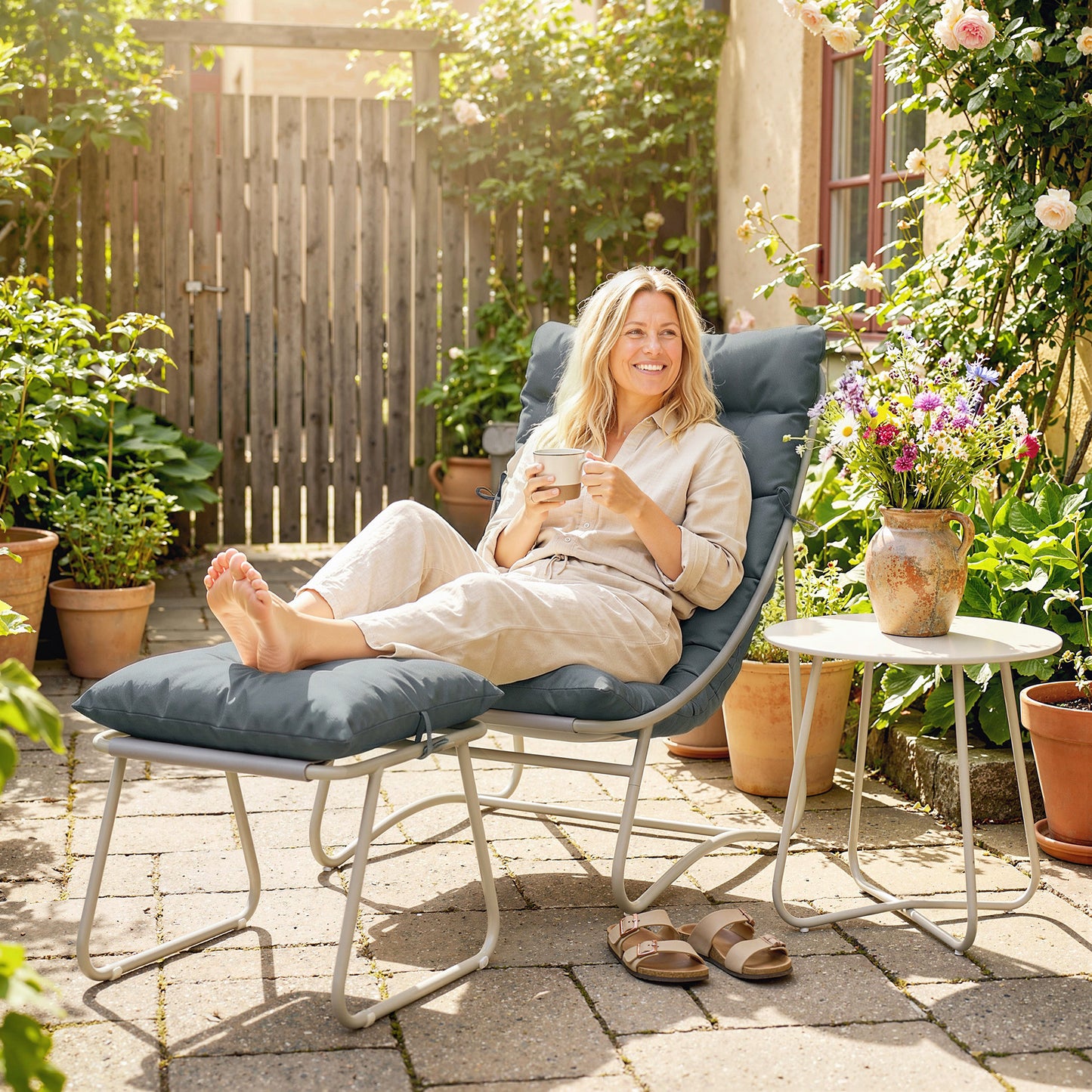 3 Piece Bistro Set, Outdoor Table and Chair Set with Footstool
