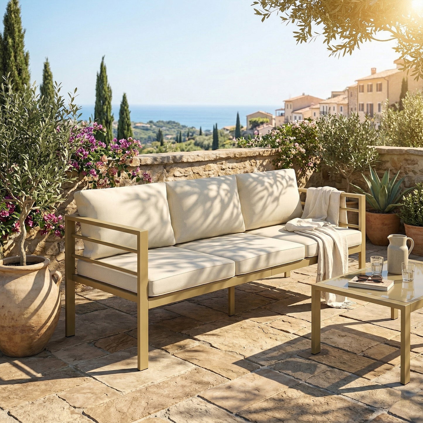 Garden Bench with Cushions, Outdoor Furniture, Cream White