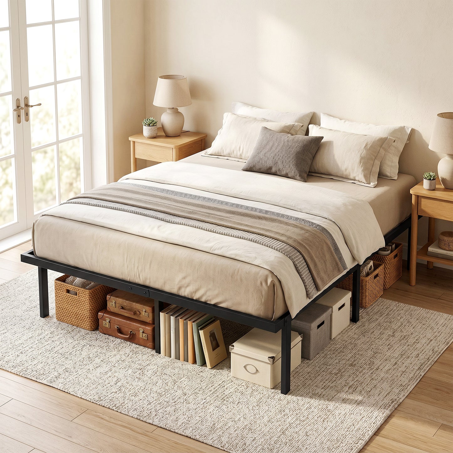 5ft King Bed Frame with Underbed Storage, 35.5 cm Height, Metal Platform Bed Frame with Steel Slat Support, Noise-Free, No Box Spring Needed, Easy Assembly, Black