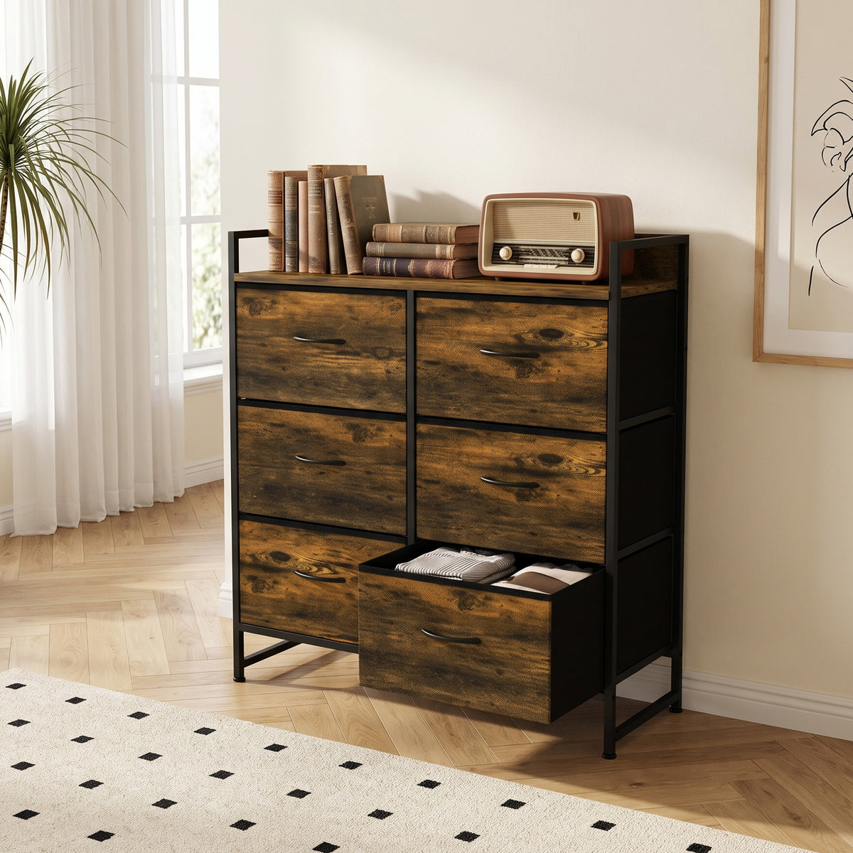 6-Drawer Fabric Chest with Top Shelf and Steel Frame - Rustic Brown & Black