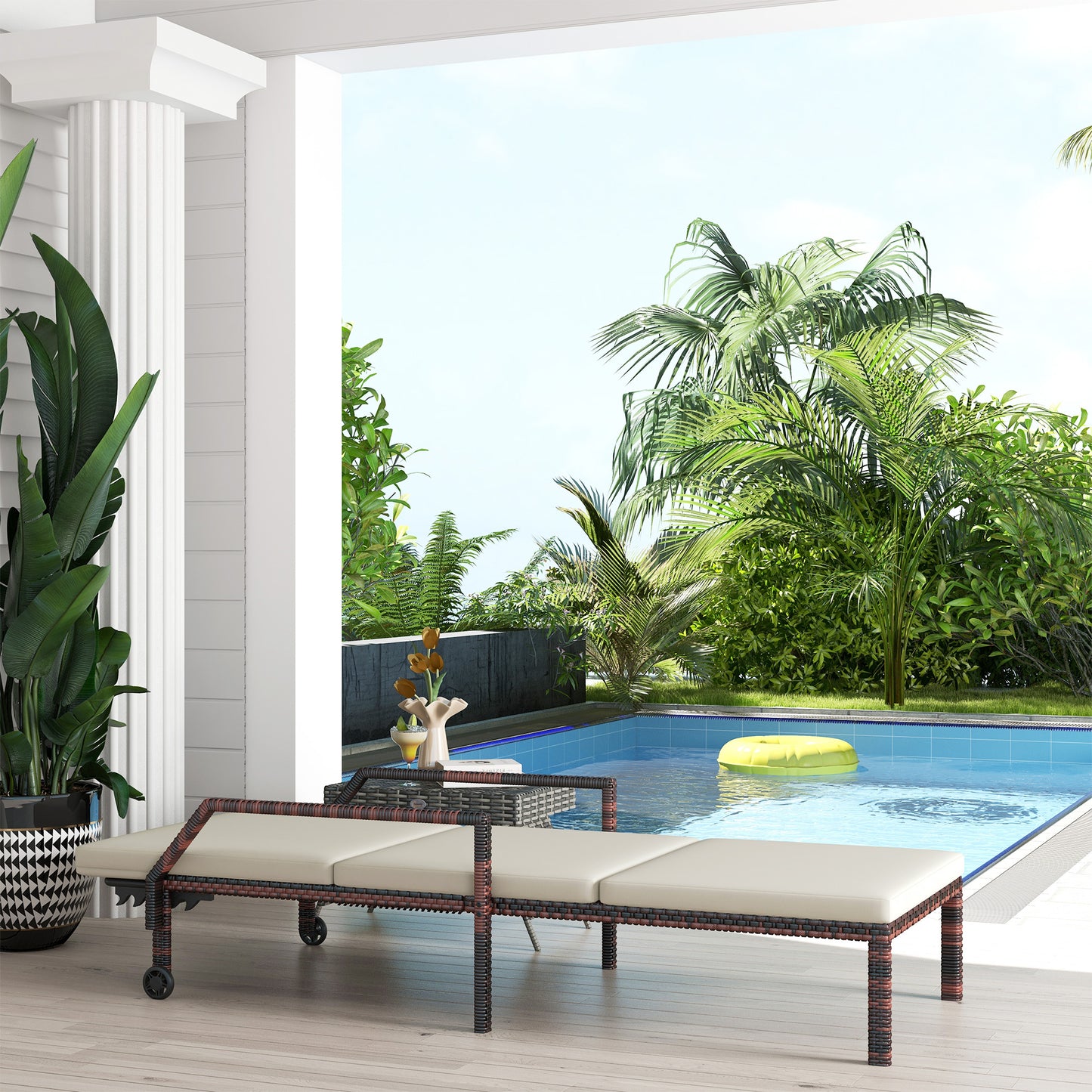 Outdoor Sun Lounger, Rattan Wicker Chaise Lounger with 5-Level Adjustable Backrest and 2 Wheels