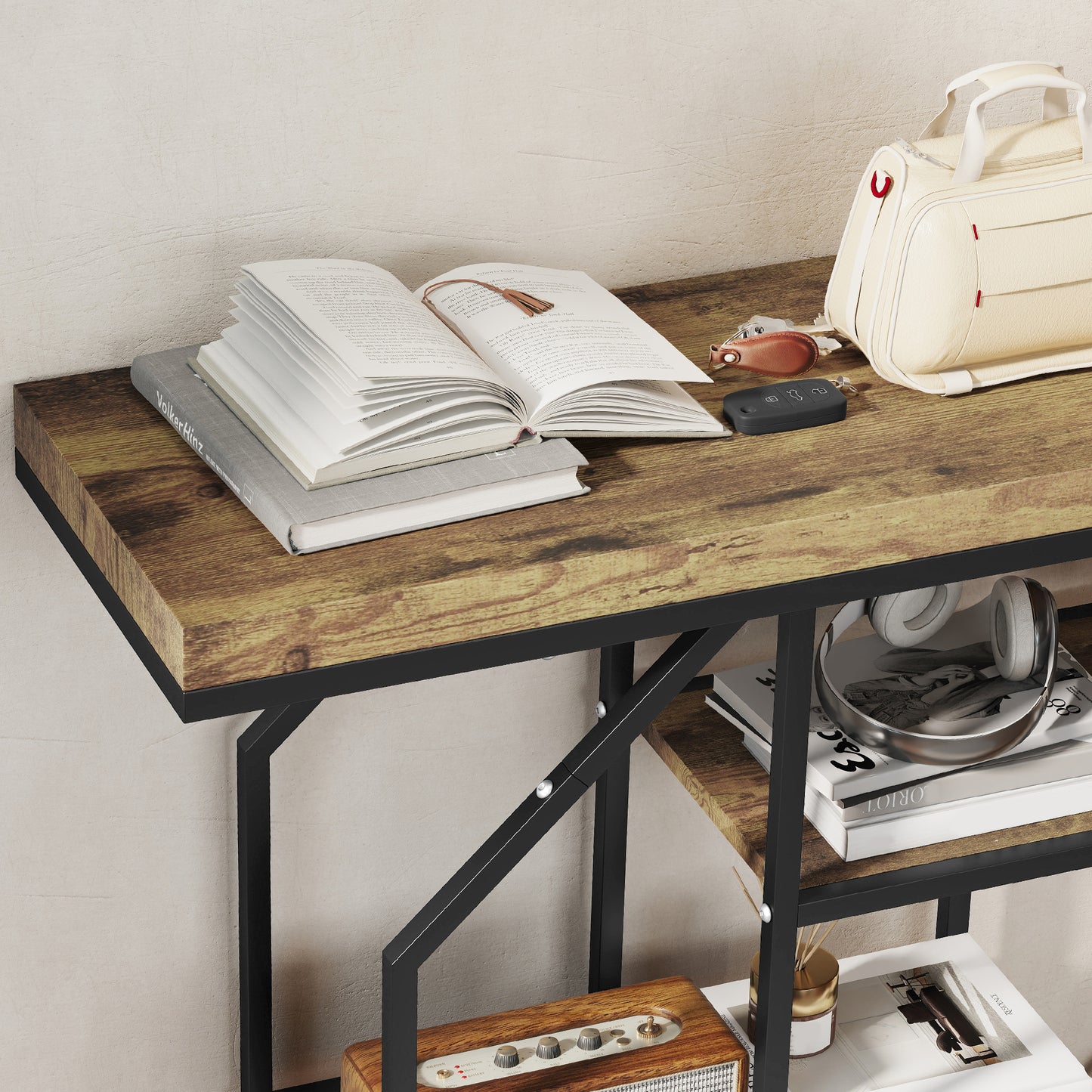 Industrial Console Table, Hallway Table with 4-Tier Shelves