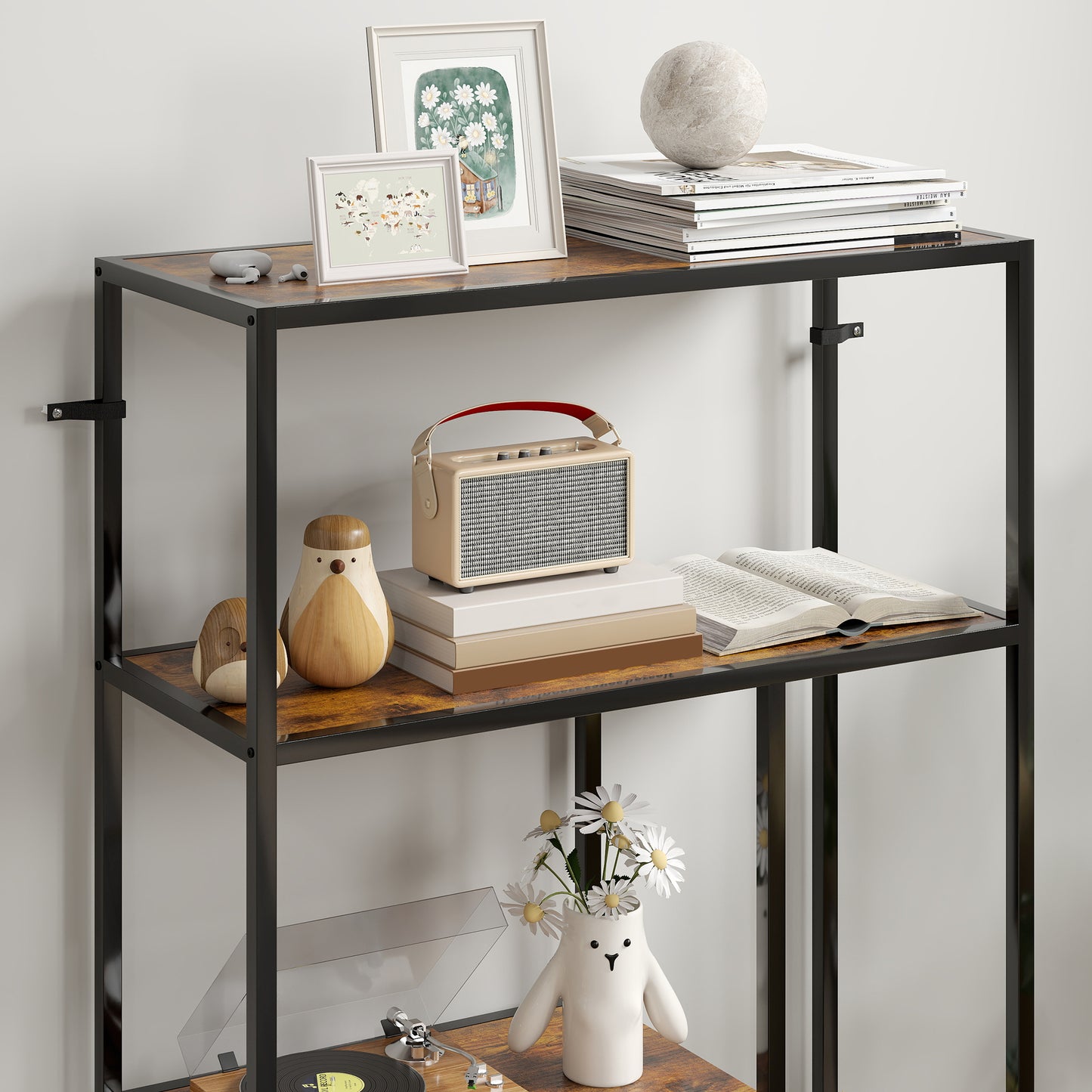 Industrial Bookshelf Bookcase w/ Open Shelves for Study Rustic Brown