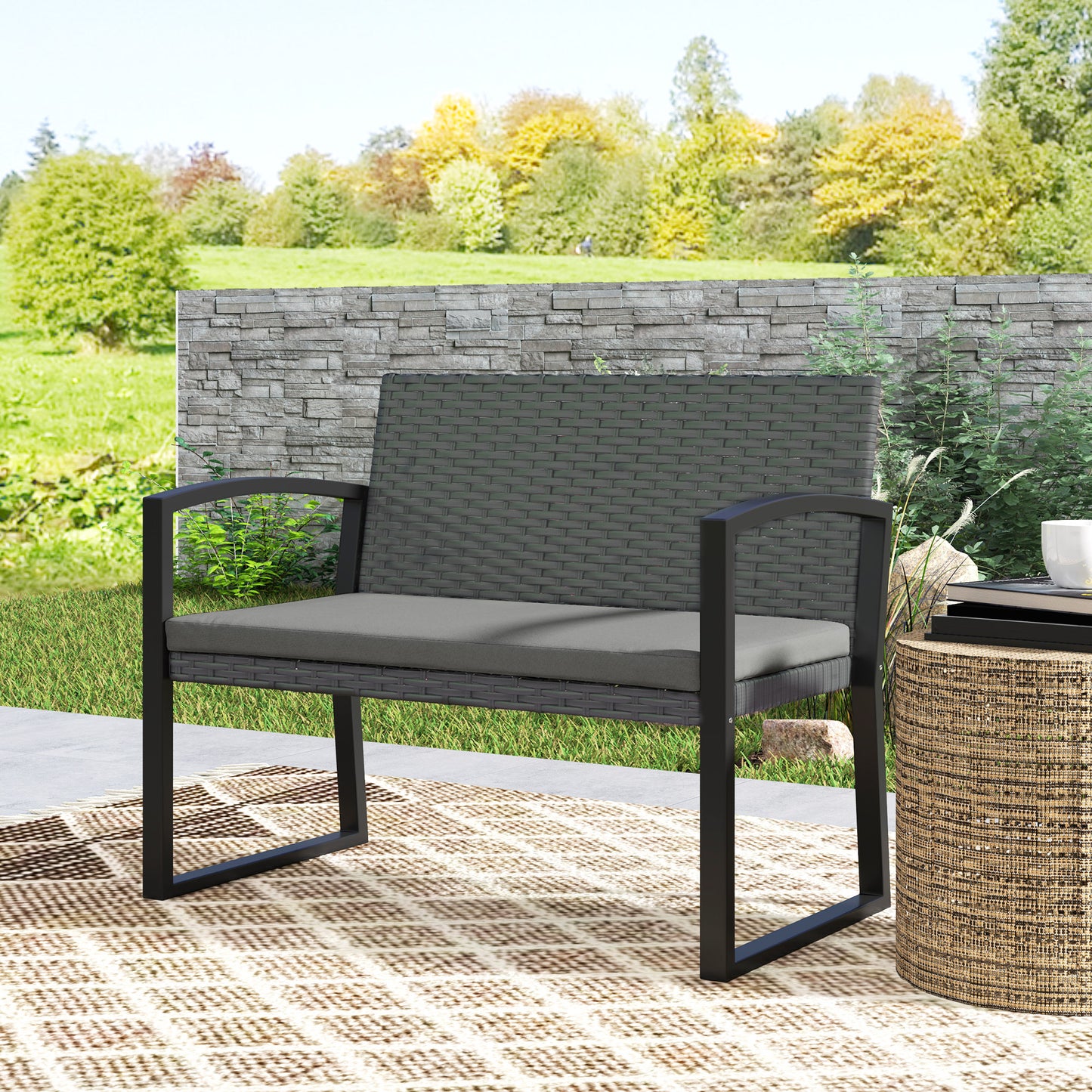 2 Seater Rattan Garden Bench with Cushion, Steel Frame, Dark Grey