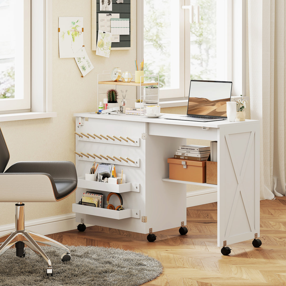 Folding Sewing Table, Craft Table with Storage compartments, White