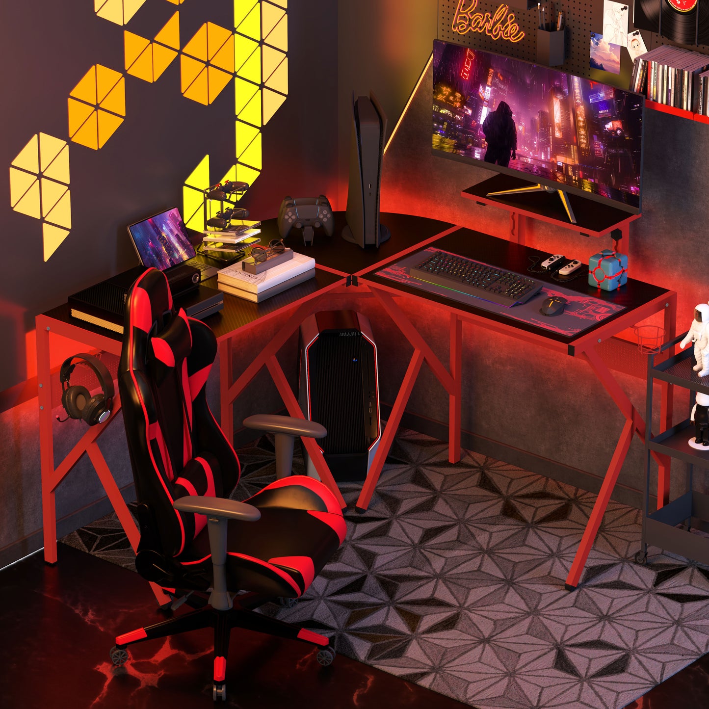 Corner Gaming Desk w/ Adjustable Monitor Stand Cup Holder Red