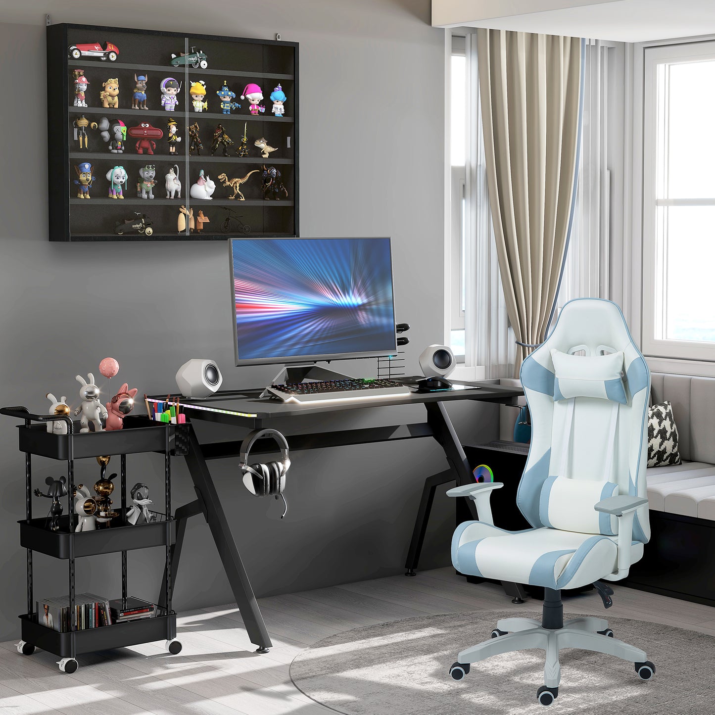 Ergonomic Gaming Desk with Hook Cup Holder LED & Cable Management, Black
