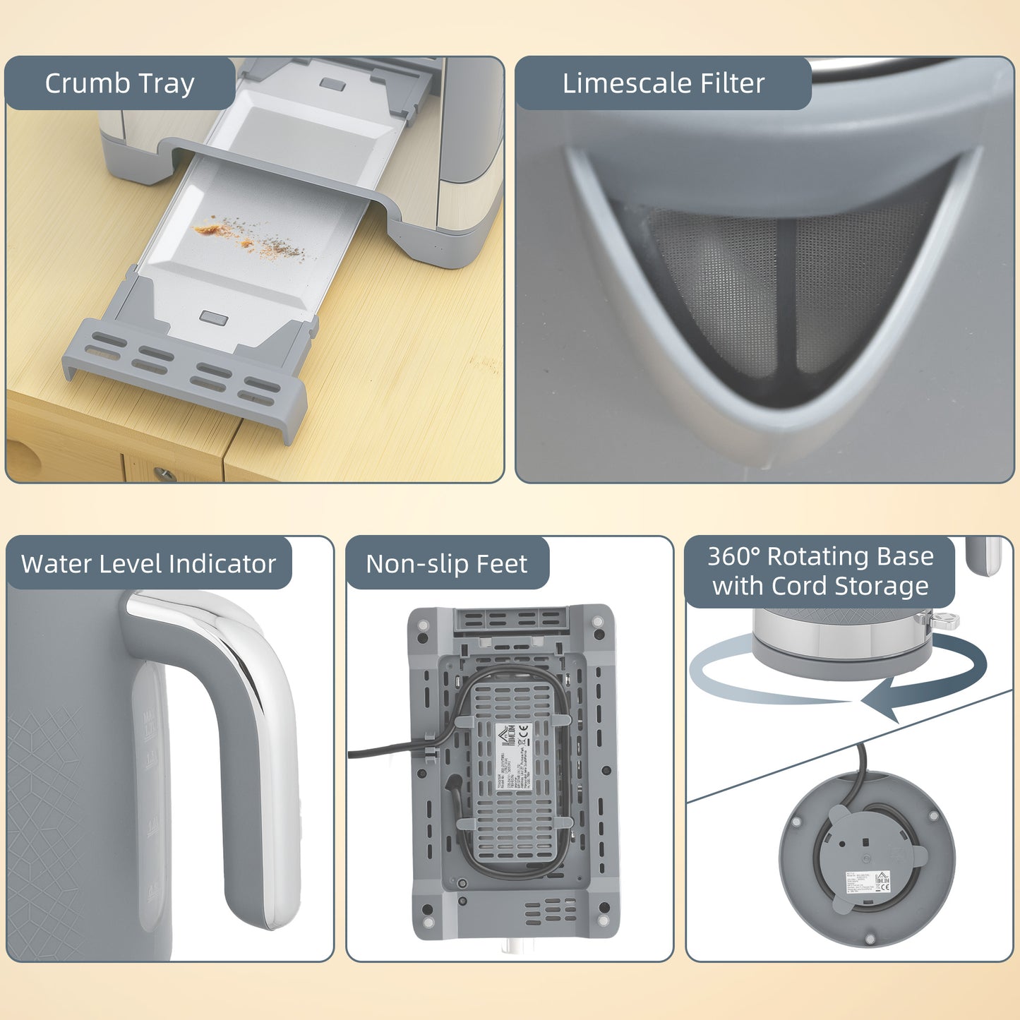 3000W Rapid Boil Kettle and Toaster Set with Otter Thermostat, Grey