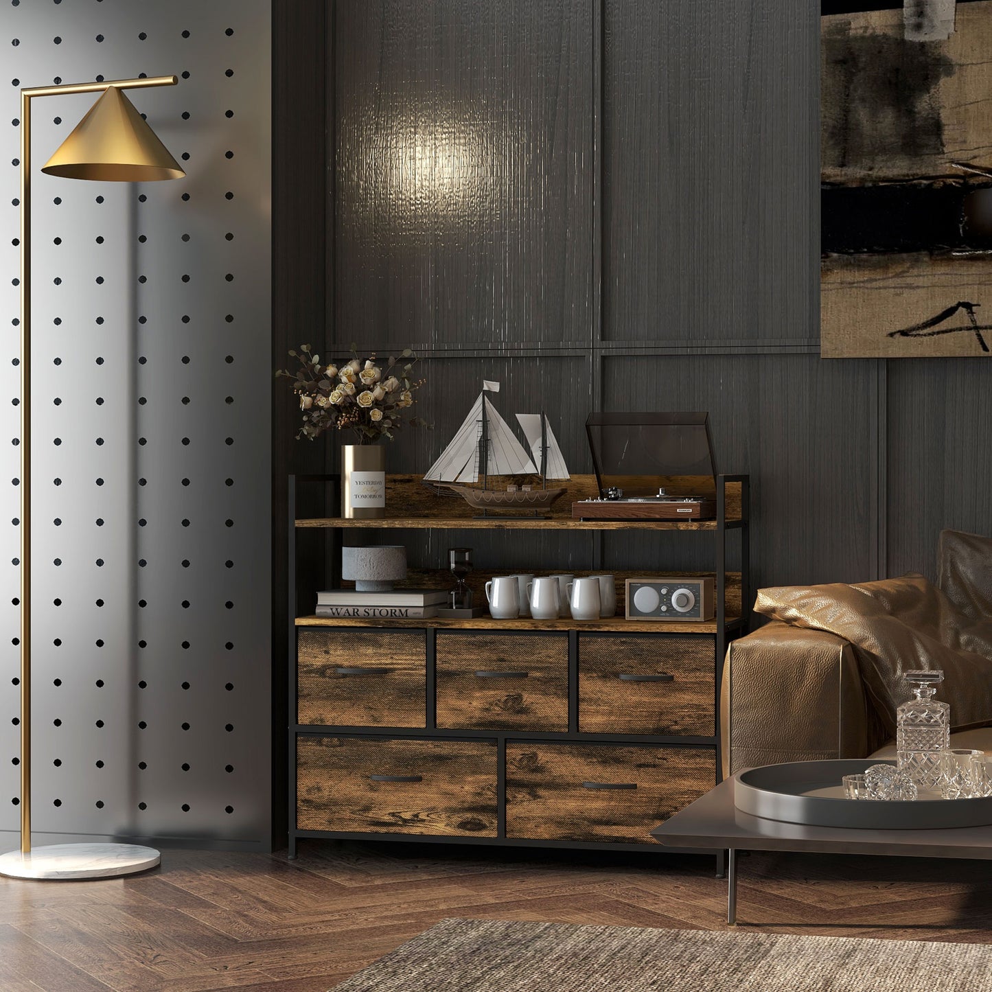 Bedroom Chest of Drawers 5 Drawer Dresser w/ Shelves, Rustic Brown