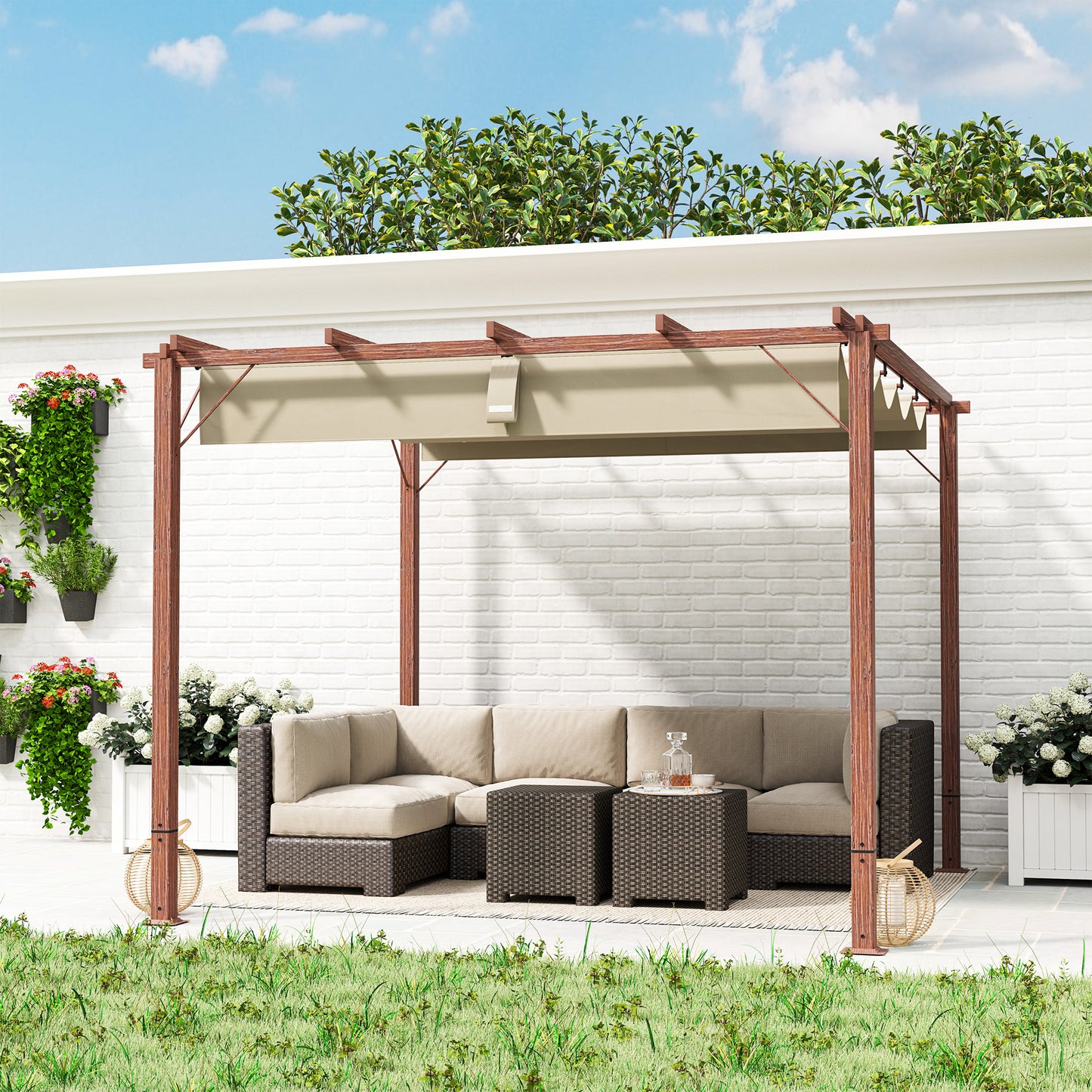 3 x 3(m) Aluminium Garden Pergola with Retractable Roof, Natural