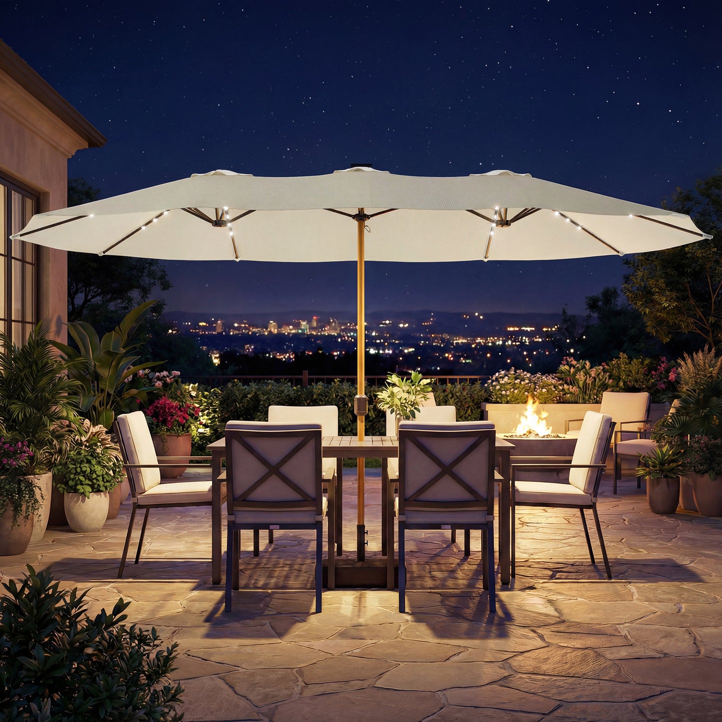 Double Sided Garden Parasol with 48 Solar LED Lights 4.6m Cream White