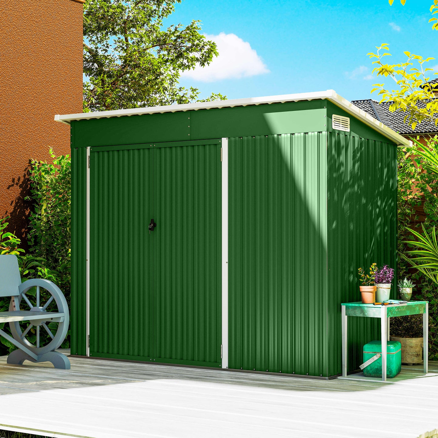 Outdoor Storage Shed, 7.5 x 4.3ft Metal Garden Shed, Green