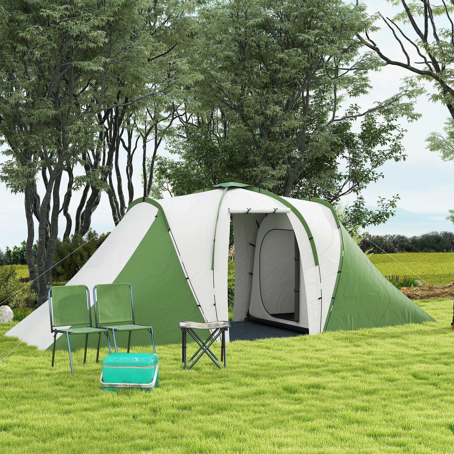 4-6 Man Camping Tent with 2 Bedroom and Living Area, Green, White