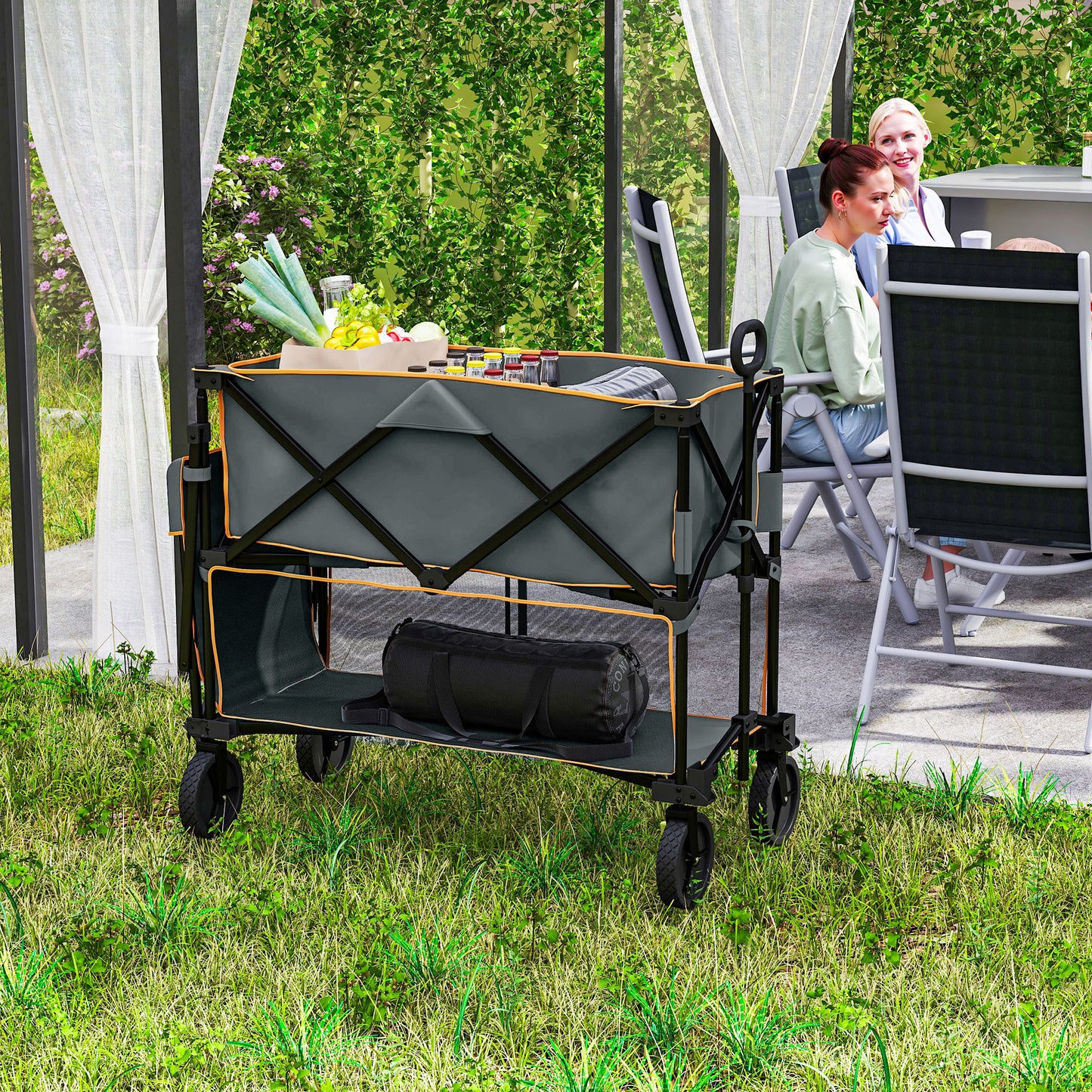 Double Decker Folding Trolley Cart on Wheels, 200KG Capacity, Grey