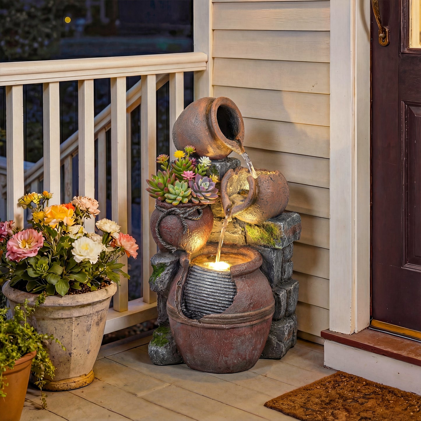 Outdoor Fountain with LED Lights, 4-Tier Garden Fountain