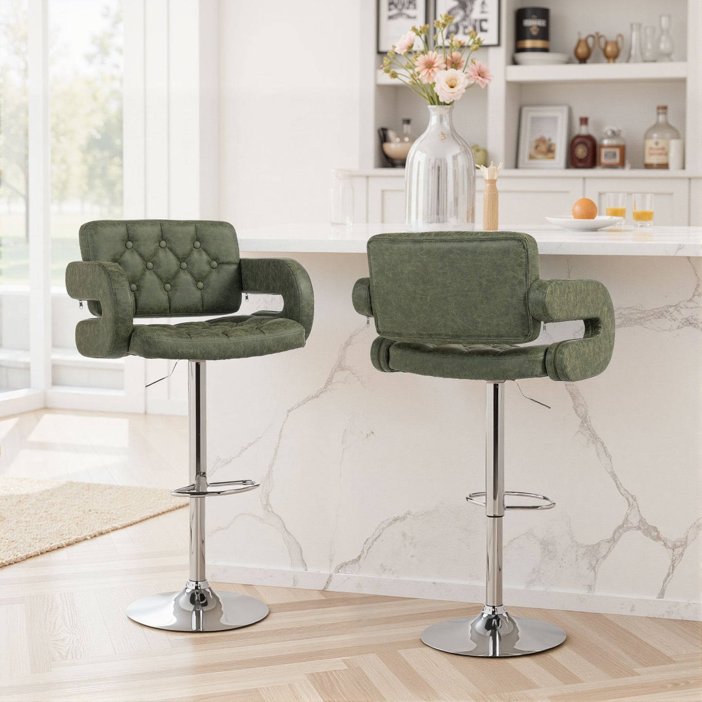 Adjustable Height Barstool Steel Pole PU Leather, Green
