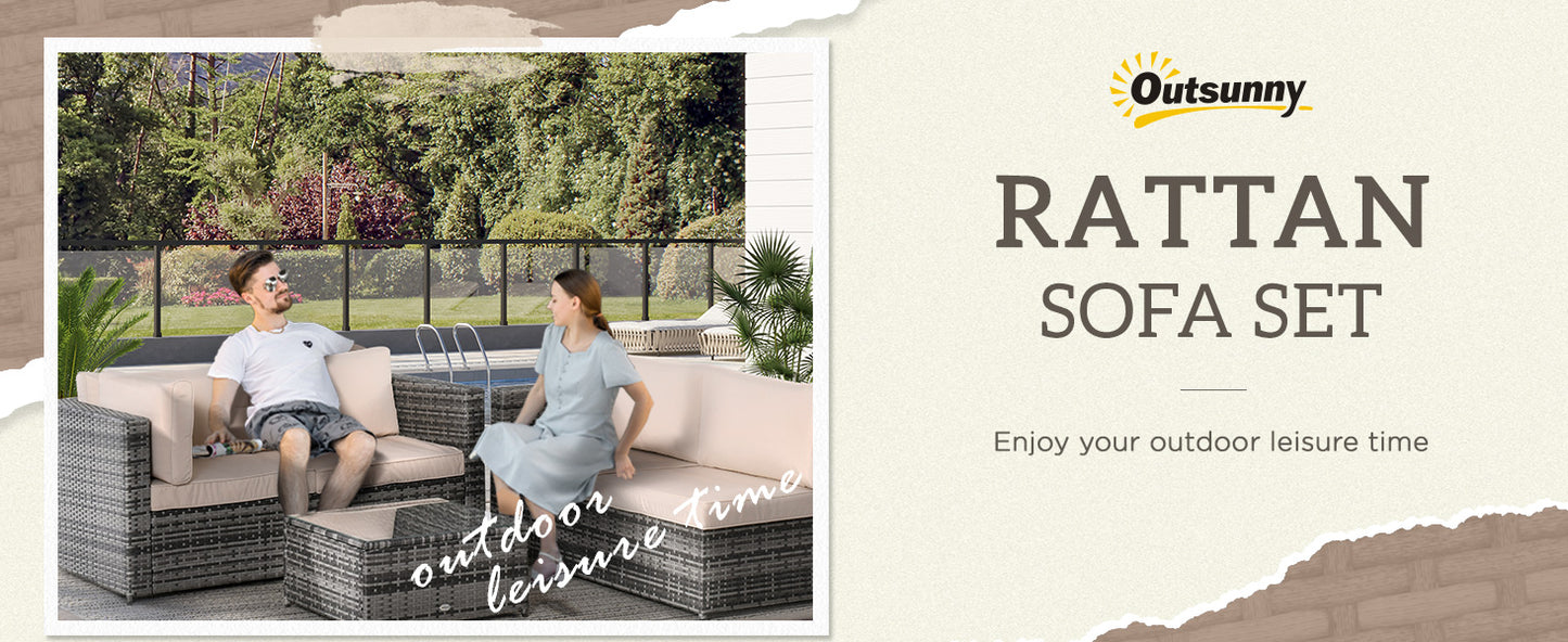 3Pcs Rattan Garden Furniture 4 Seater Outdoor Patio Corner Chair Set with Coffee Table Thick Cushions, Beige