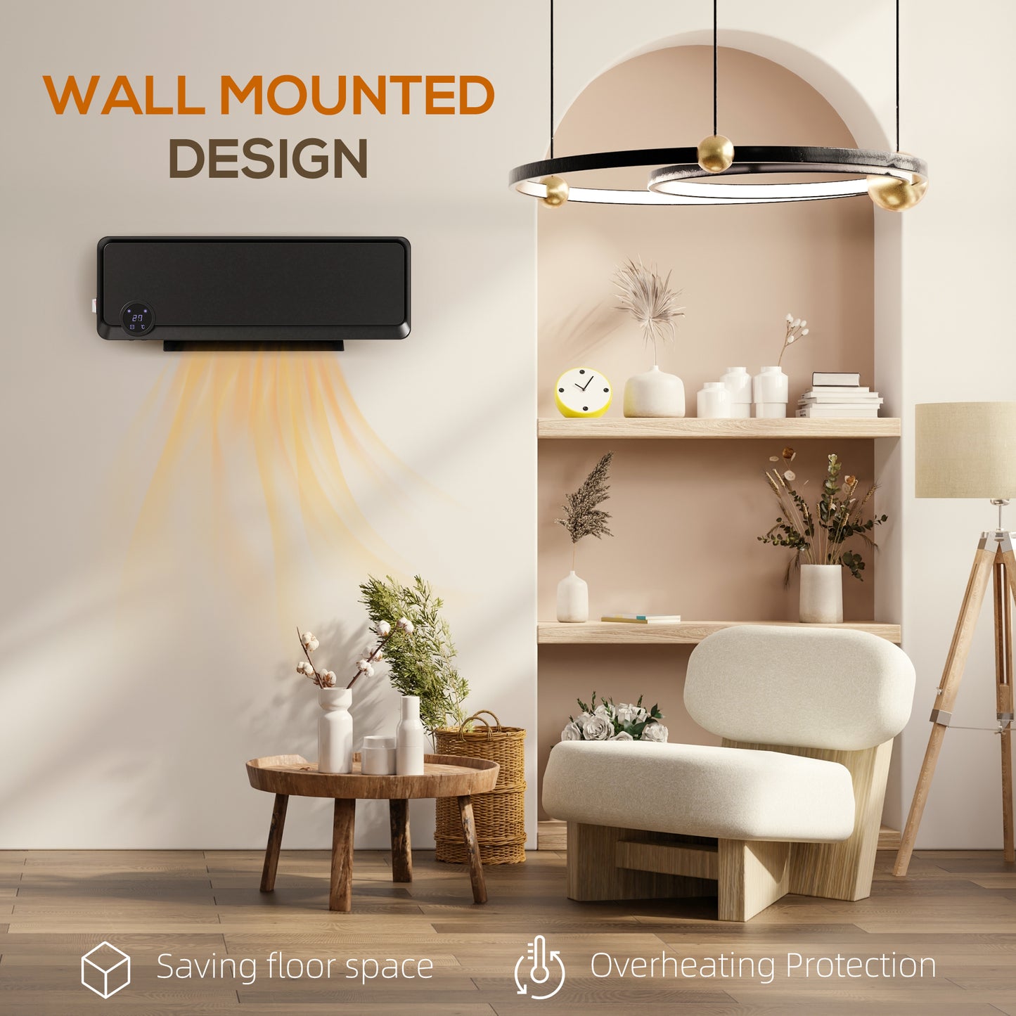 1000W/2000W Wall Downflow Heater 10-49°C Temperature w/ Timer, Black