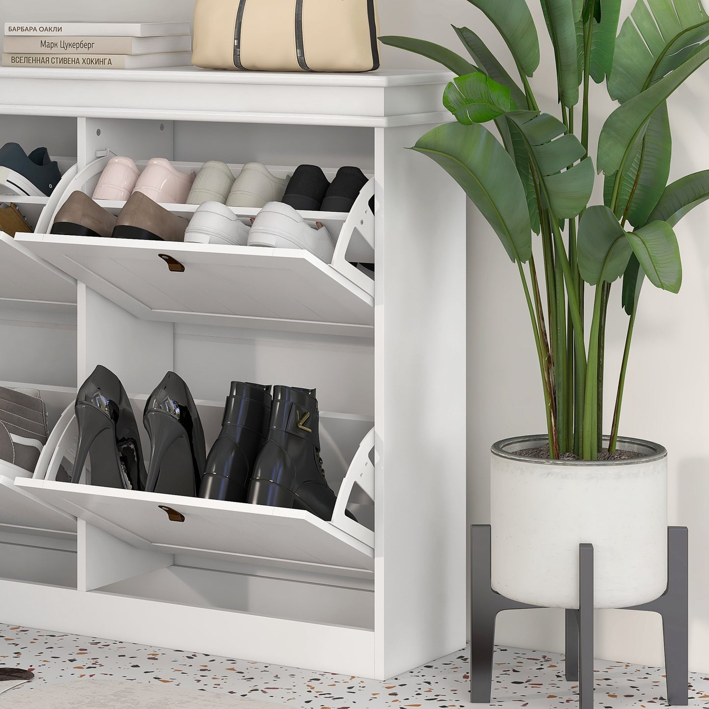 Slim Shoe Cabinet with Adjustable Shelves for Hallway, White